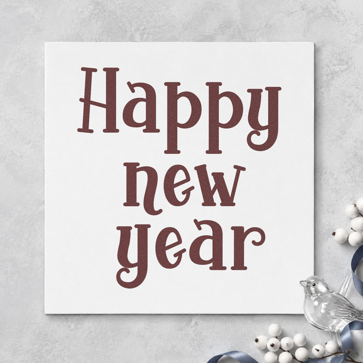 Happy New Year Serif rubber stamp printed in brown ink, ready for resolution grid sheet and similar paper crafts.