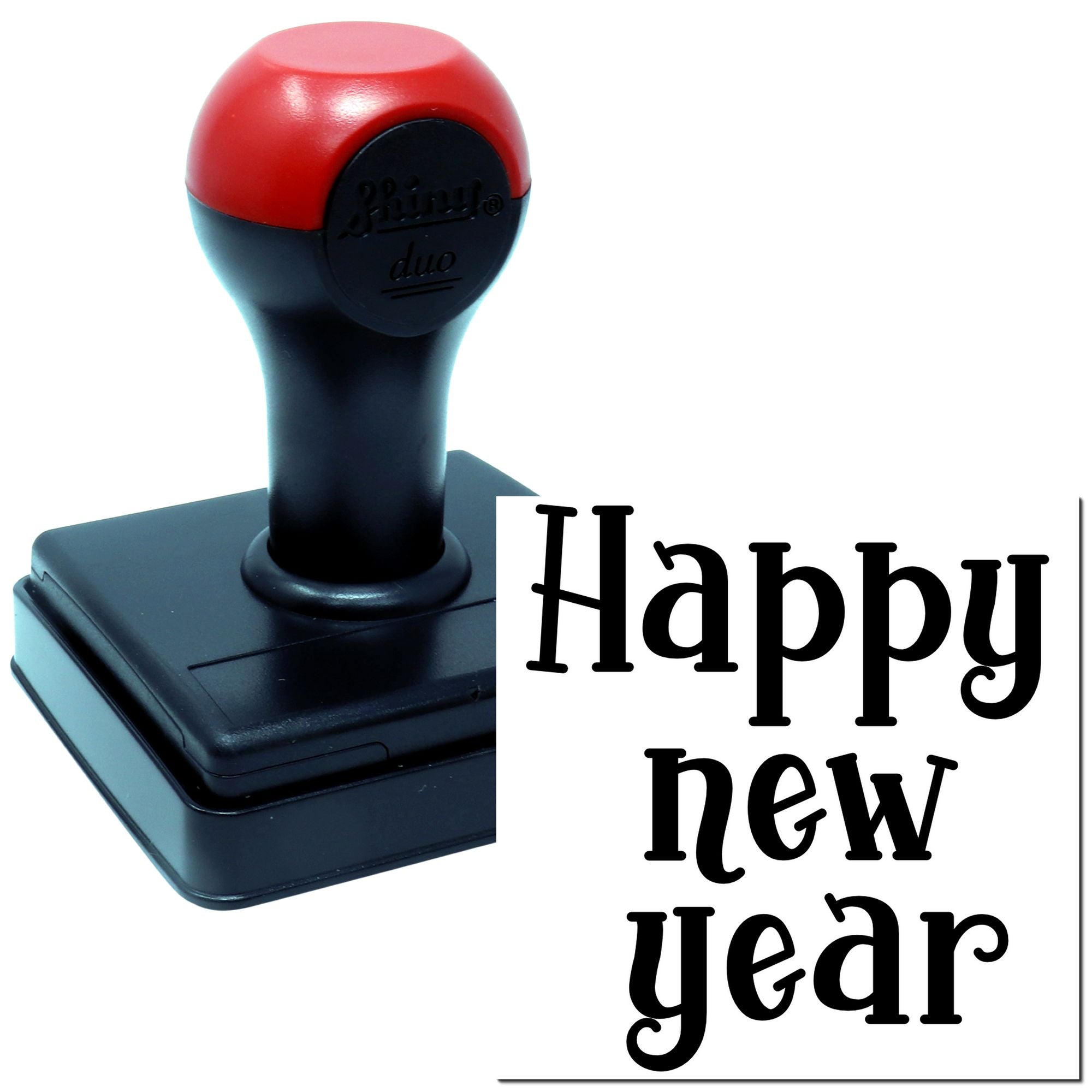 Personalized Happy New Year rubber stamp with self-inking design and bold holiday imprint for cards, crafts, and packaging.