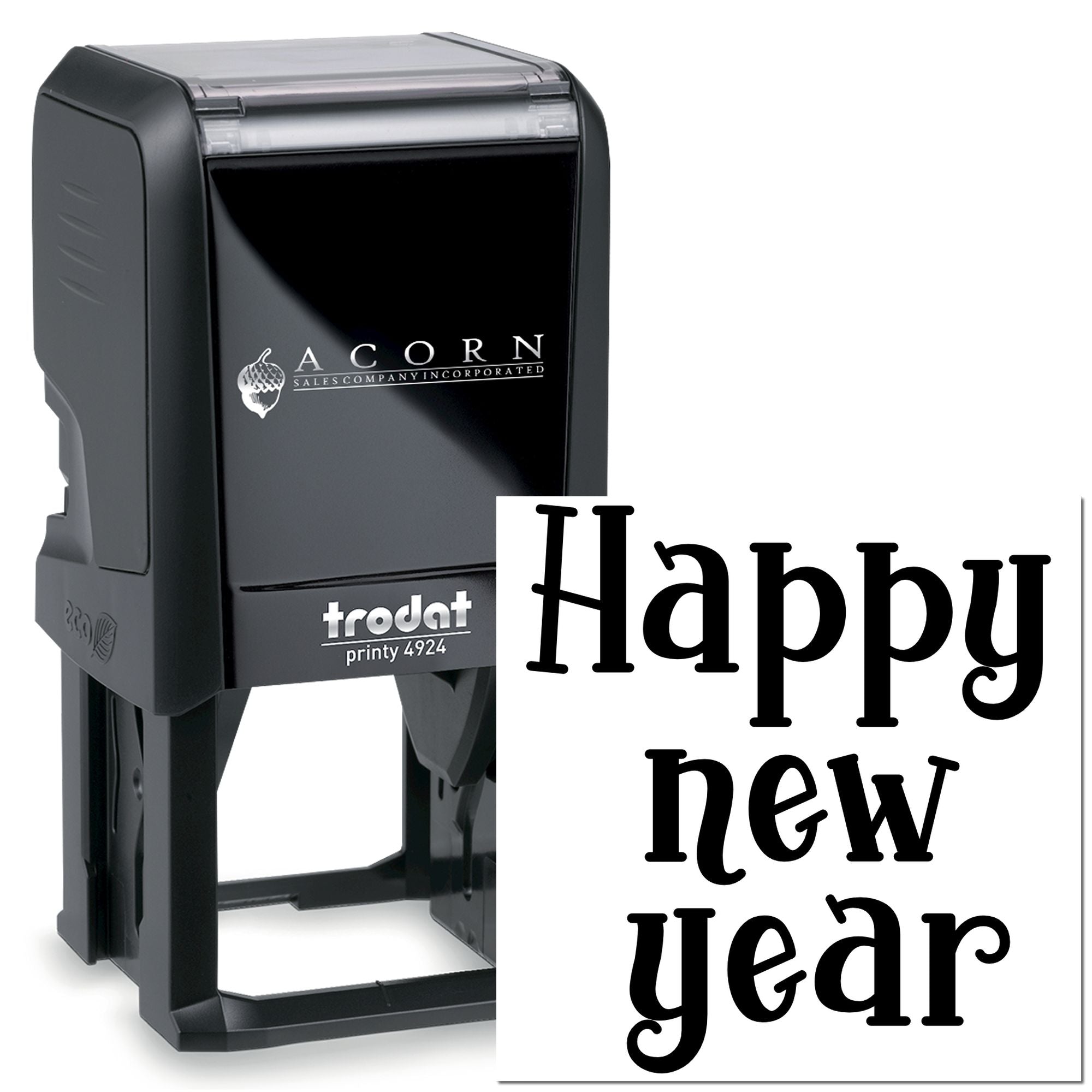 Self-inking Trodat rubber stamp with Happy New Year imprint for holiday cards, office mailings, and custom seasonal stamping.