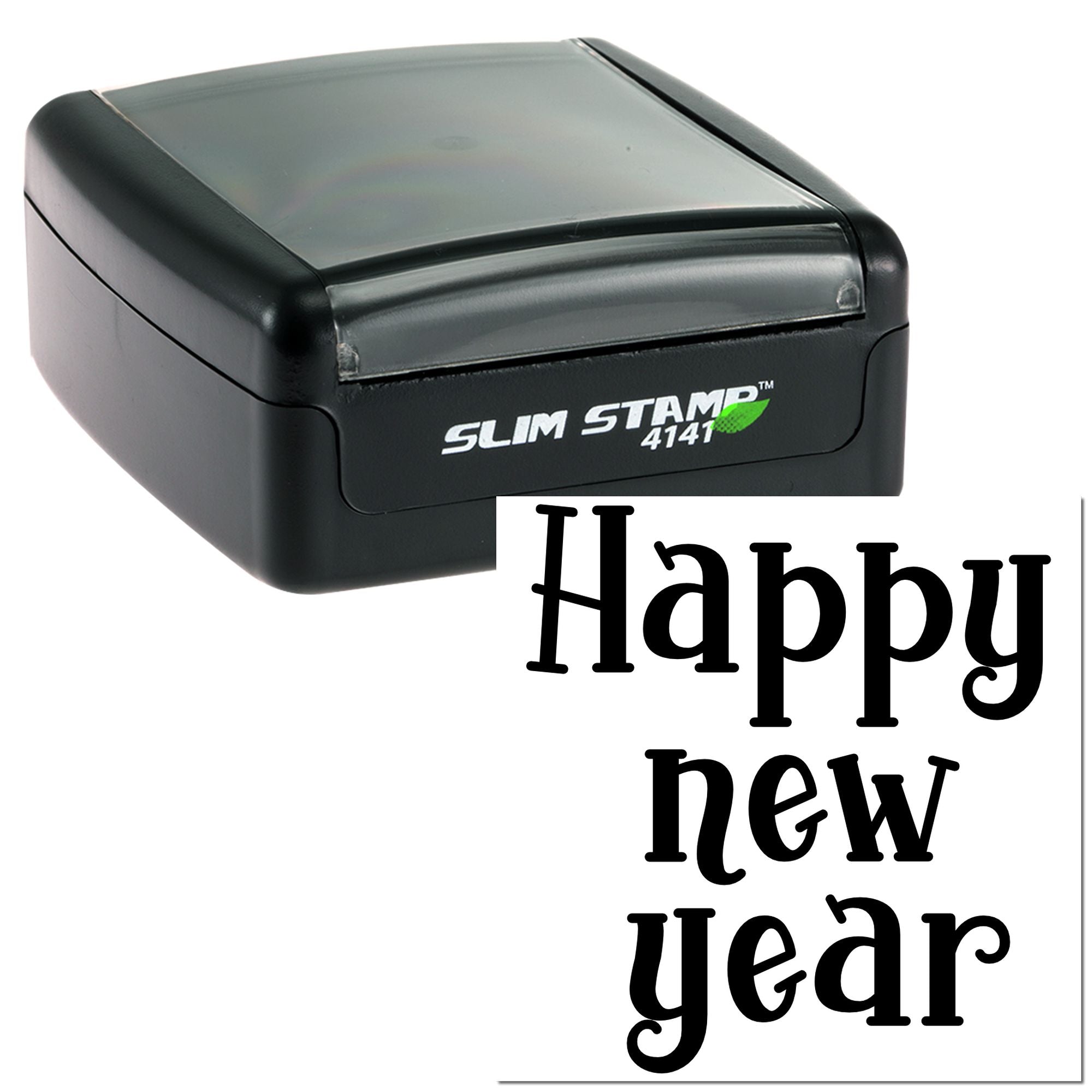 Self-inking rubber stamp with Happy New Year imprint for holiday greetings and seasonal card marking.