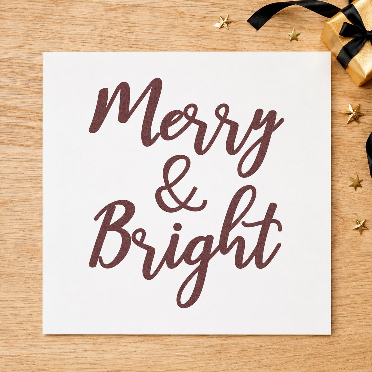 Merry And Bright Brush Script rubber stamp printed in brown ink, ready for sign layout sheet and similar paper crafts.