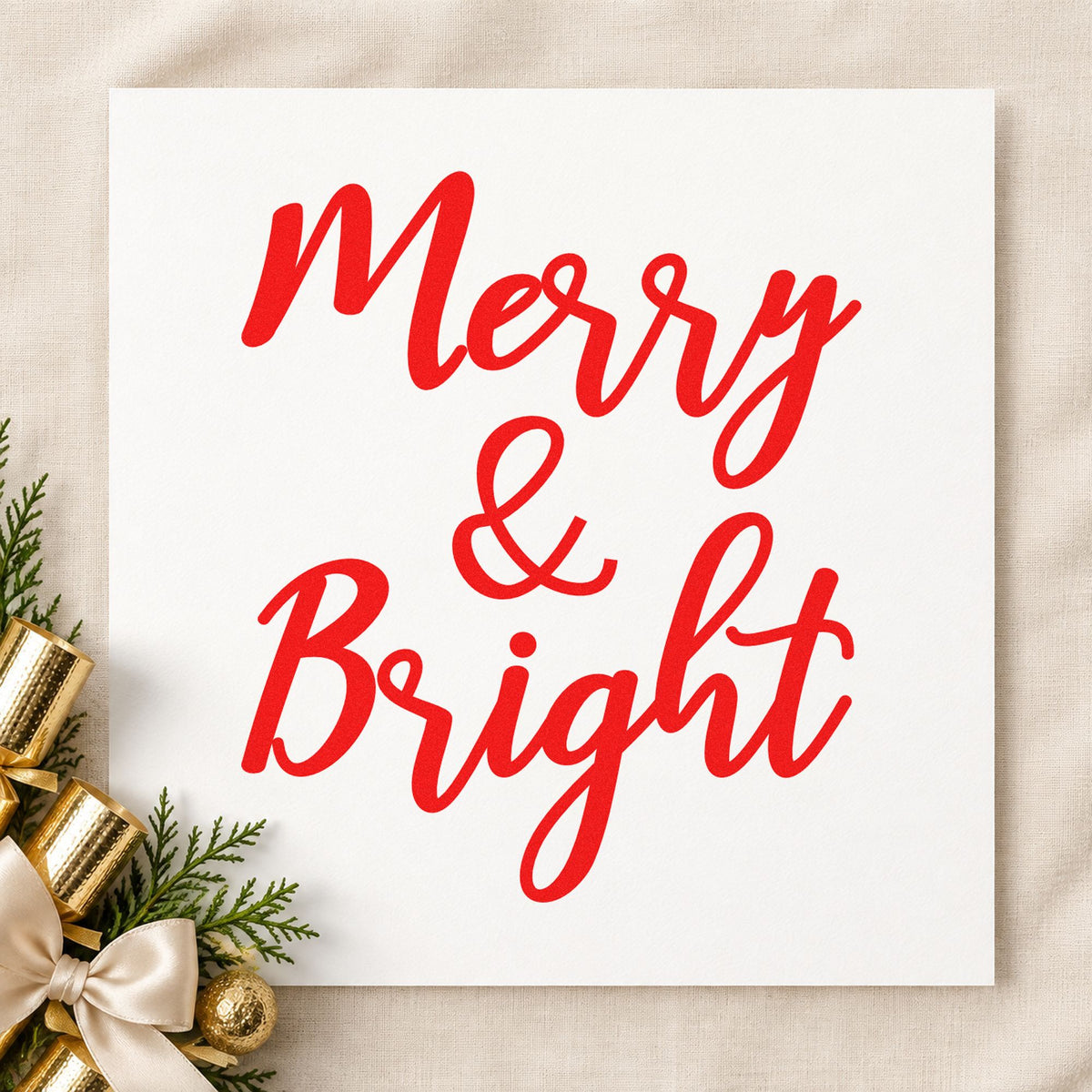 Merry And Bright Brush Script rubber stamp shown in red ink, stamped for projects such as paint can labels.