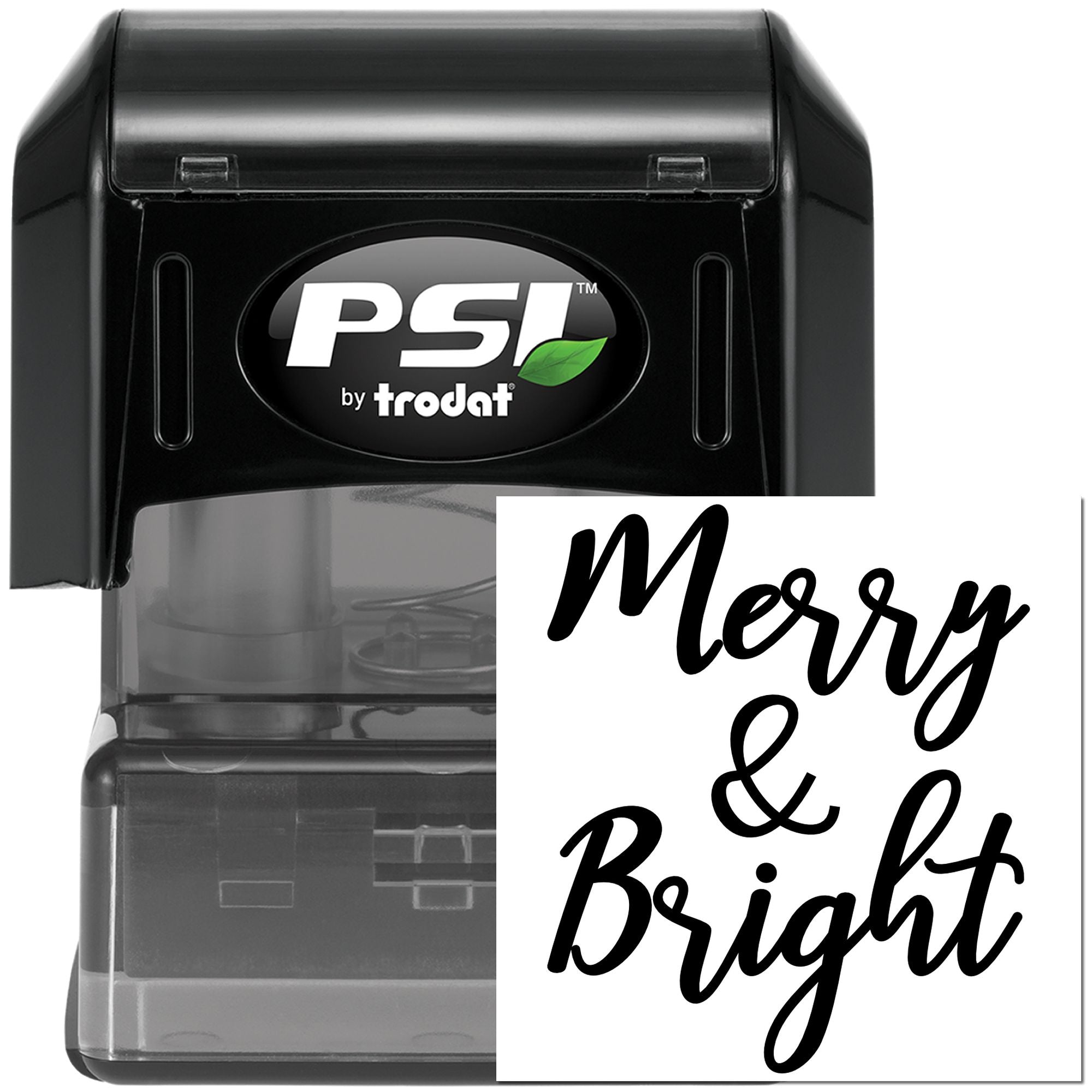 Merry & Bright custom self-inking rubber stamp by PSI Trodat, ideal for holiday cards, gift tags, and festive packaging.