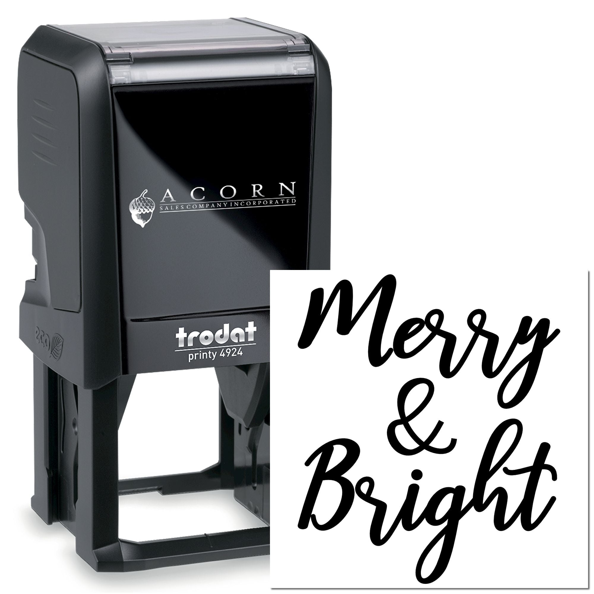 Custom self-inking rubber stamp with Merry & Bright text, ideal for holiday cards and personalized business branding.