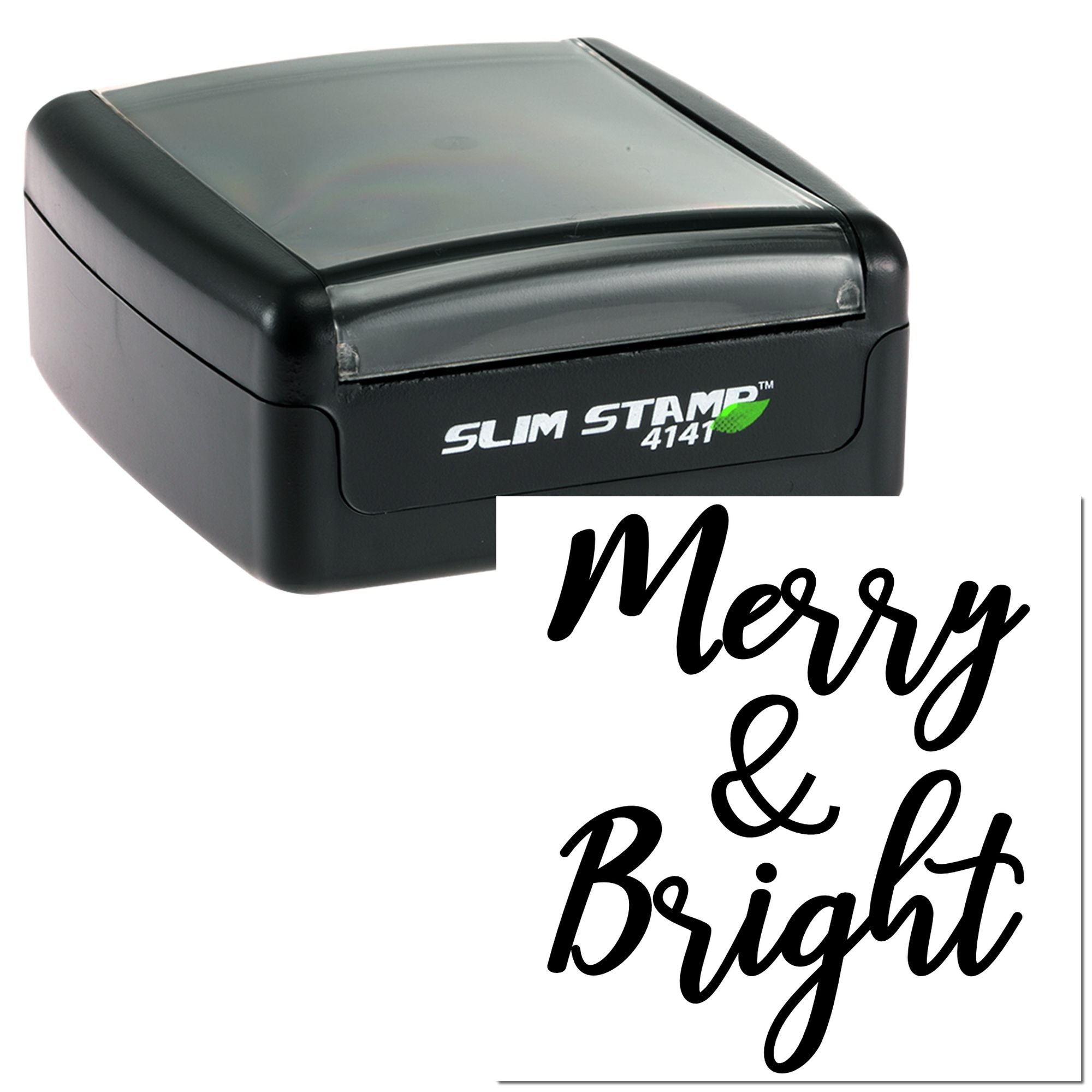 Custom self-inking rubber stamp with Merry & Bright holiday script for Christmas cards and gift packaging.