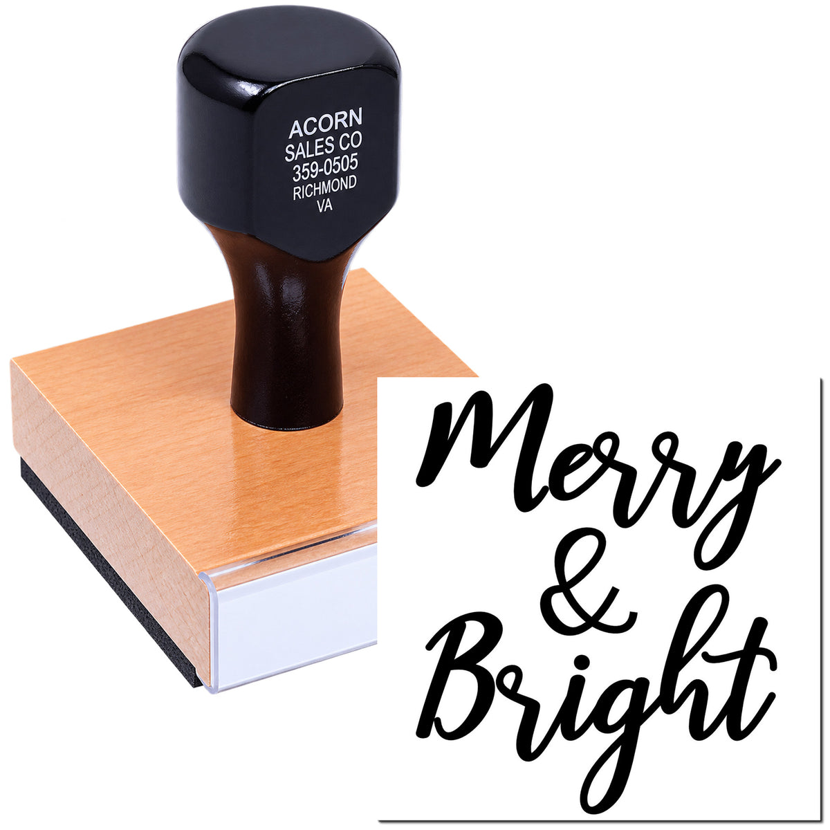 Merry & Bright custom rubber stamp for holiday cards, crafts, and gift packaging