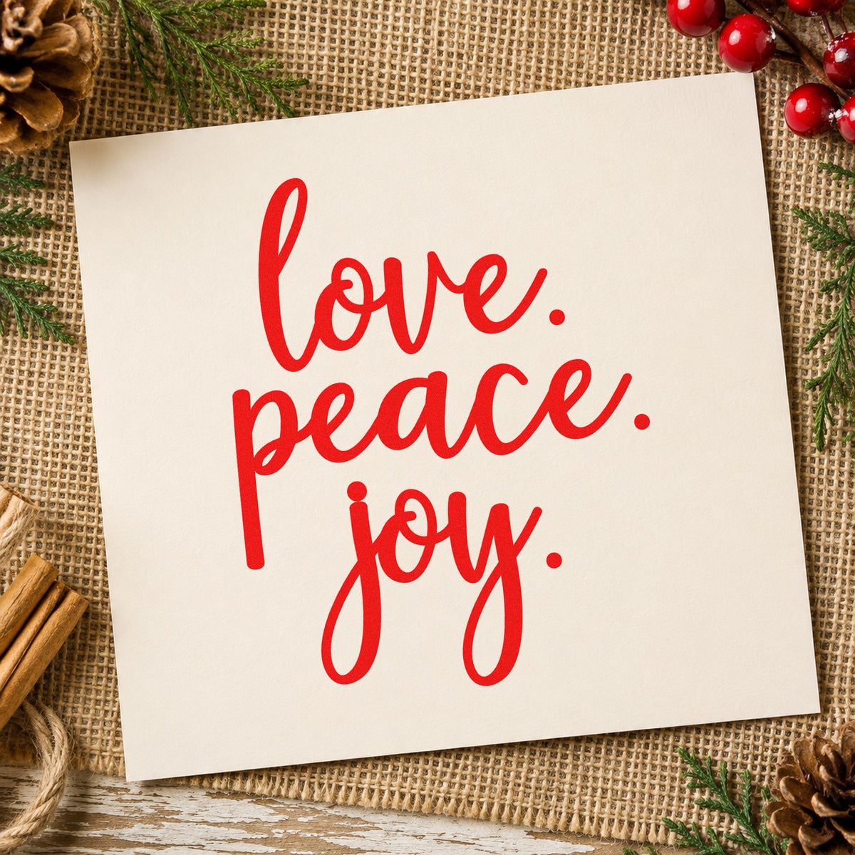 Love Peace Joy Script rubber stamp shown in red ink, stamped for projects such as candle set labels.
