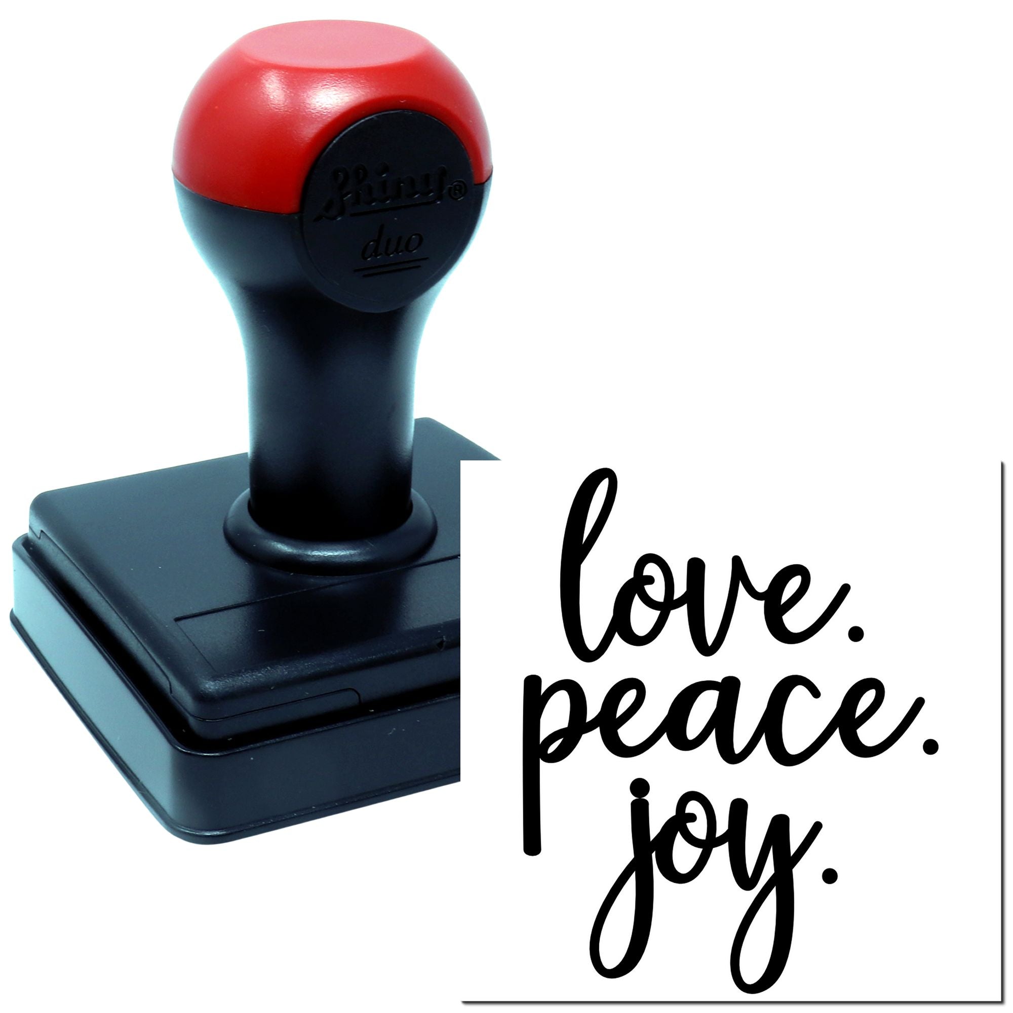 Self-inking rubber stamp with love peace joy design for inspirational crafting, journaling, and handmade card stamping.