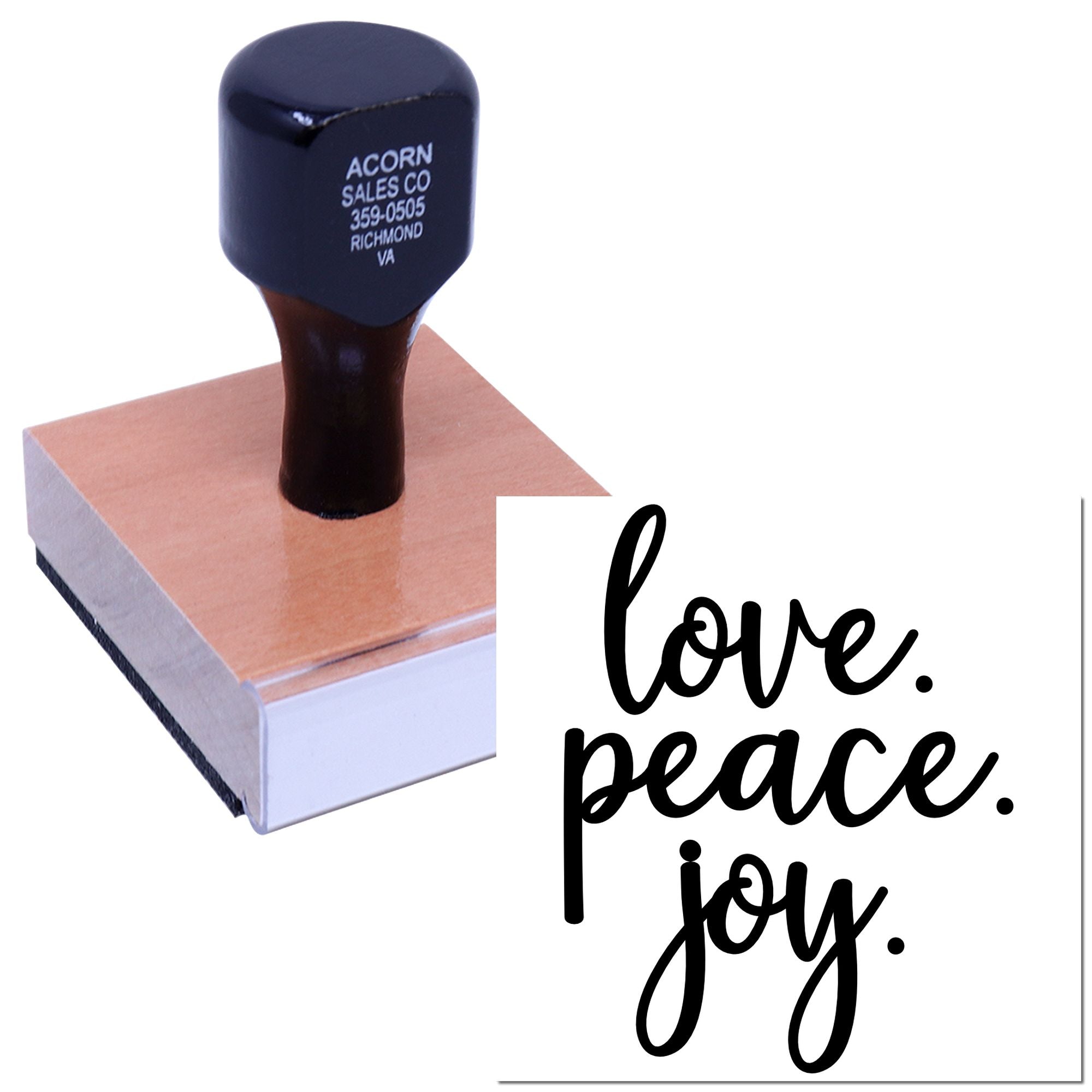 Custom rubber stamp with love, peace, joy design, ideal for handmade cards, crafts, and inspirational packaging.