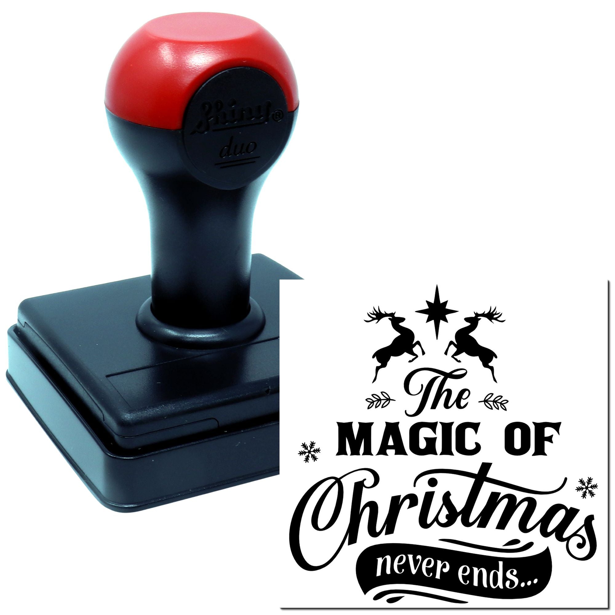 Custom self-inking rubber stamp with Christmas quote design, The Magic of Christmas never ends...