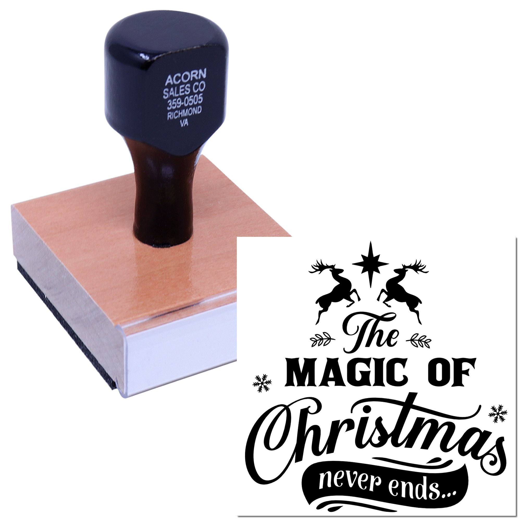 Personalized Christmas rubber stamp featuring The Magic of Christmas Never Ends design for holiday cards and festive crafts.