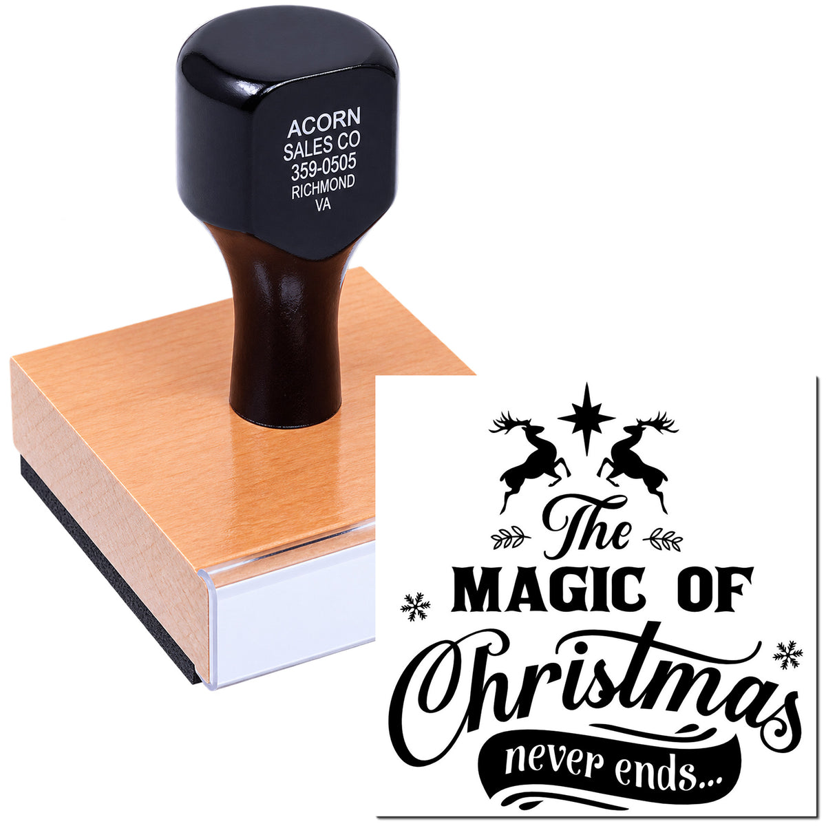Personalized Christmas rubber stamp featuring The Magic of Christmas Never Ends design for holiday cards and festive crafts.