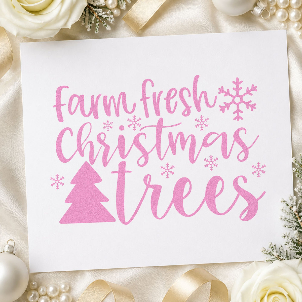 Farm Fresh Christmas Trees craft stamp in purple ink on cardstock, an easy option for kraft gift wrap.