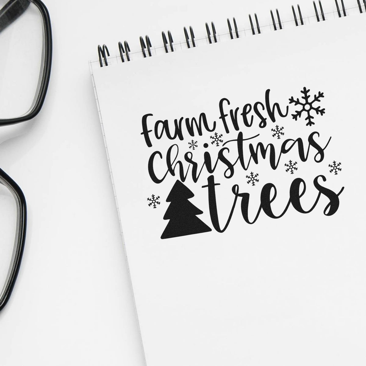 Farm Fresh Christmas Trees Premium Wood-Mounted Stamp - Vintage Pro imprint stamped in black ink. "Farm Fresh Christmas Trees" features a pine silhouette, snowflakes, and small stars.