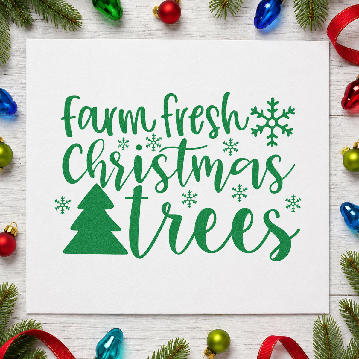 Farm Fresh Christmas Trees craft stamp imprint in green ink on a handmade project, one idea being lot price tags.