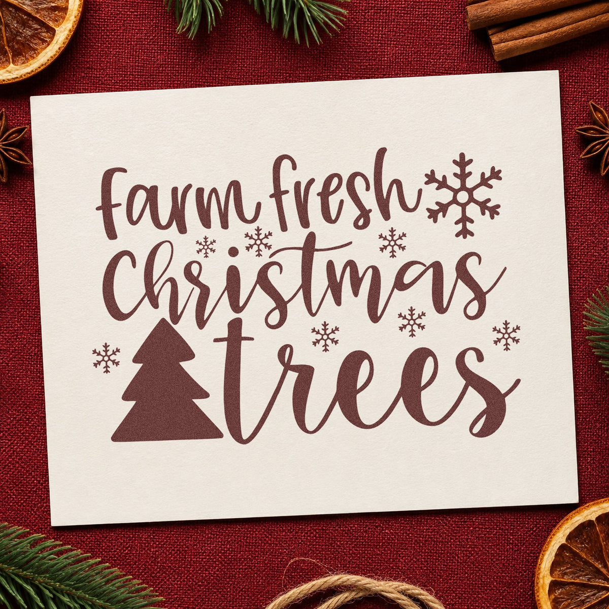 Farm Fresh Christmas Trees rubber stamp printed in brown ink, ready for holiday market bags and similar paper crafts.