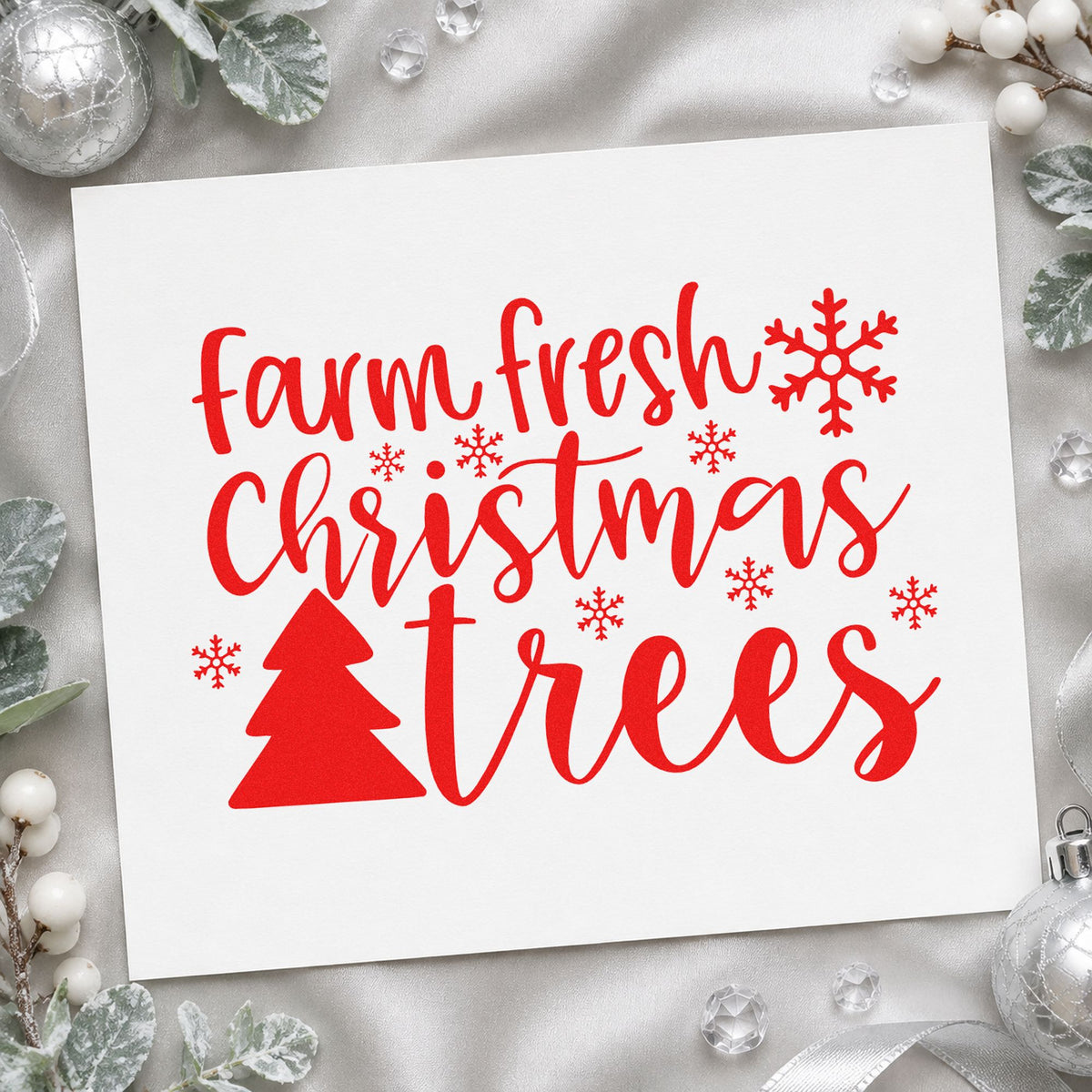 Farm Fresh Christmas Trees craft stamp in red ink on cardstock, an easy option for farmhouse decor signs.