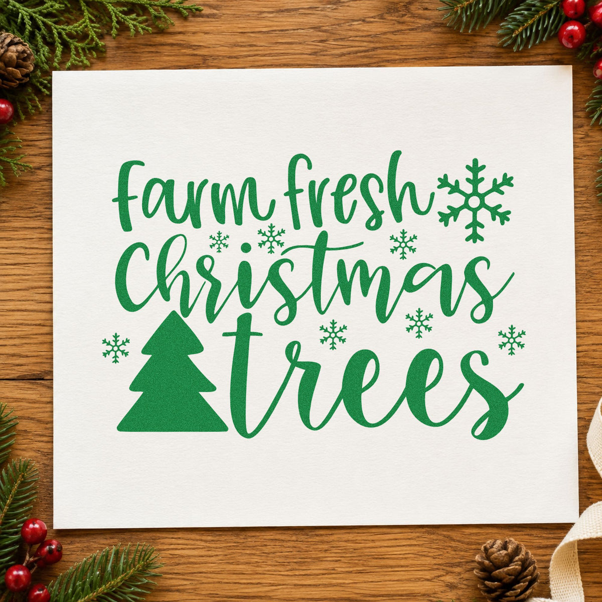Farm Fresh Christmas Trees craft stamp imprint in green ink on a handmade project, one idea being party invitations.