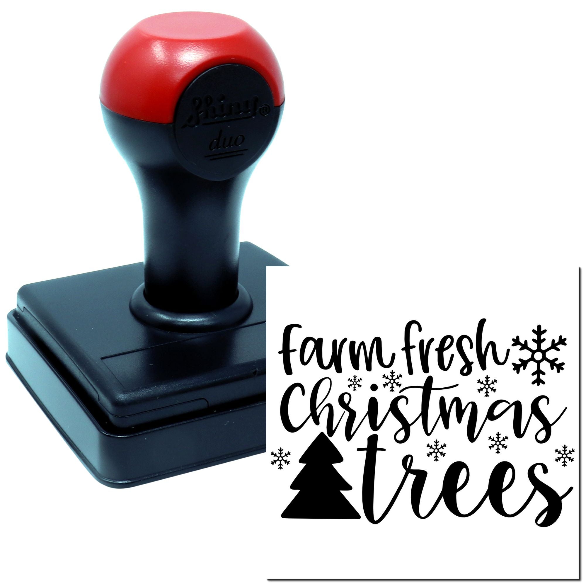 Farm Fresh Christmas Trees self-inking rubber stamp with festive snowflake design for holiday crafts and packaging.