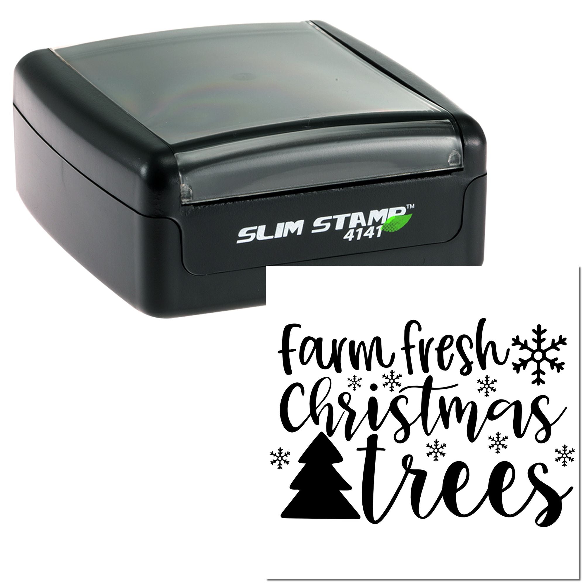 Slim Stamp 4141 self-inking rubber stamp with Farm Fresh Christmas Trees holiday design and snowflakes.
