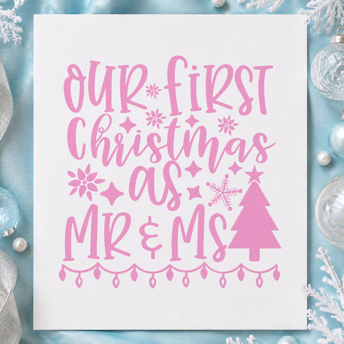 First Christmas Mr And Mrs Lights craft stamp in purple ink on cardstock, an easy option for newlywed album page.