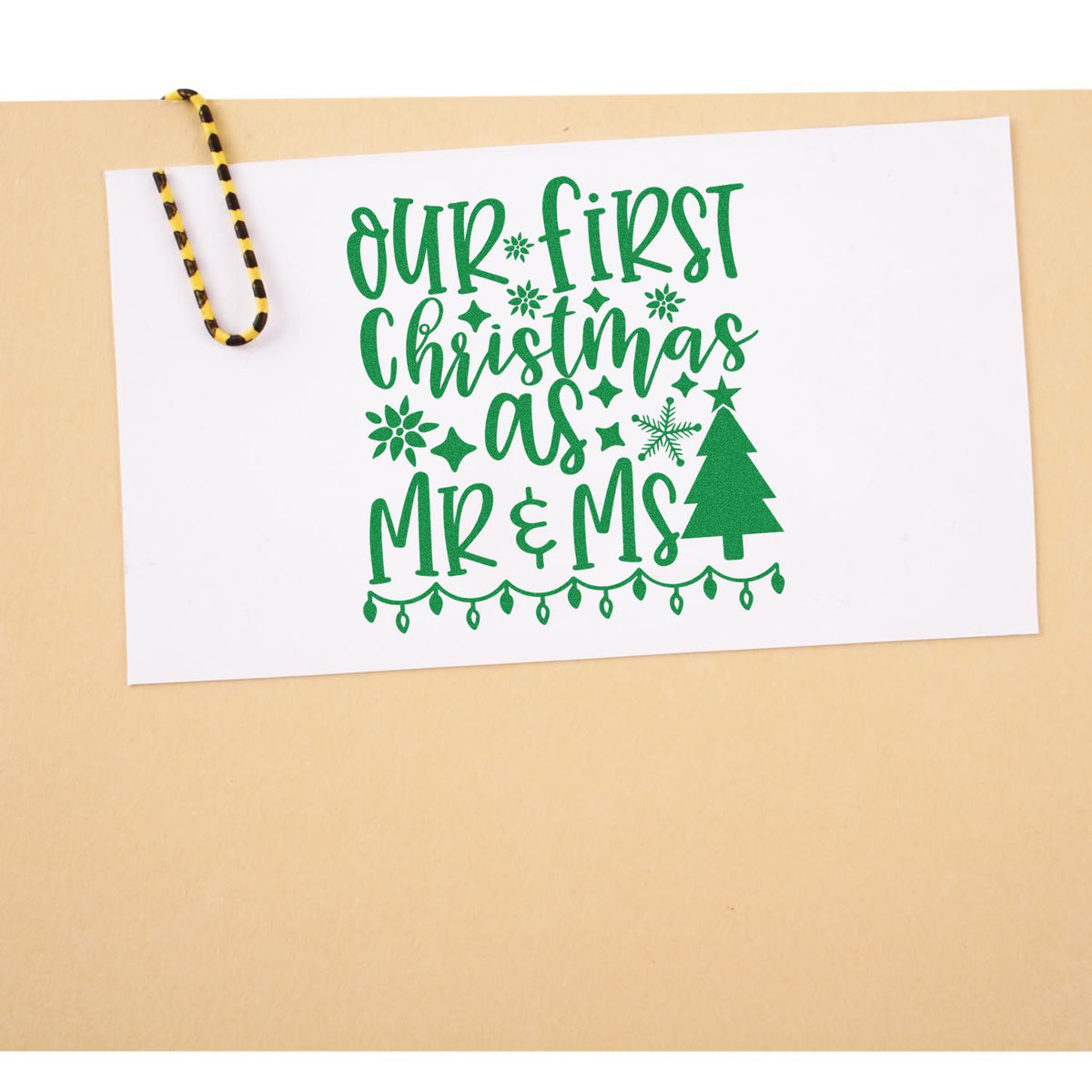 First Christmas Mr And Mrs Lights rubber stamp shown in green ink, stamped for projects such as newlywed album page.