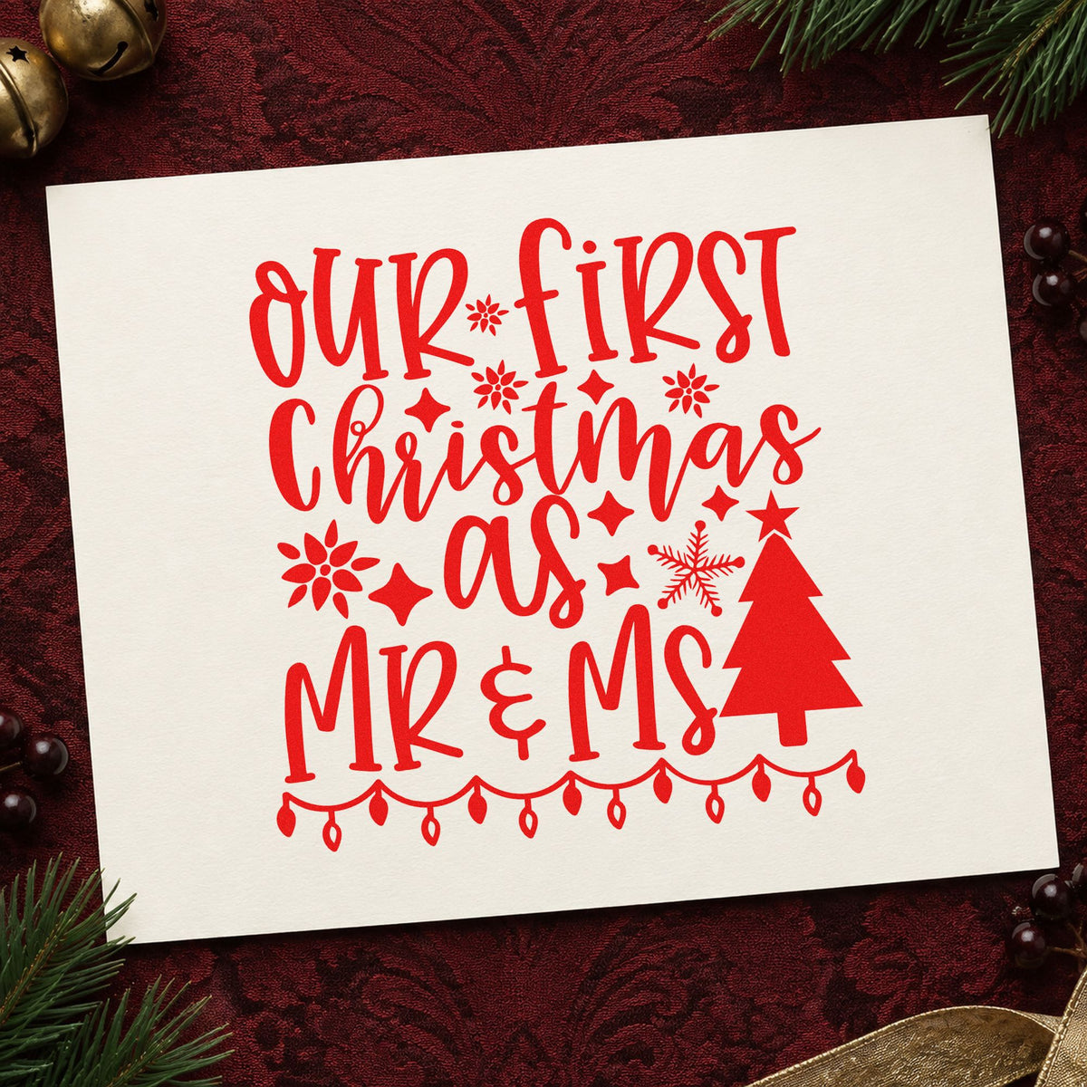 First Christmas Mr And Mrs Lights rubber stamp shown in red ink, stamped for projects such as keepsake box seals.