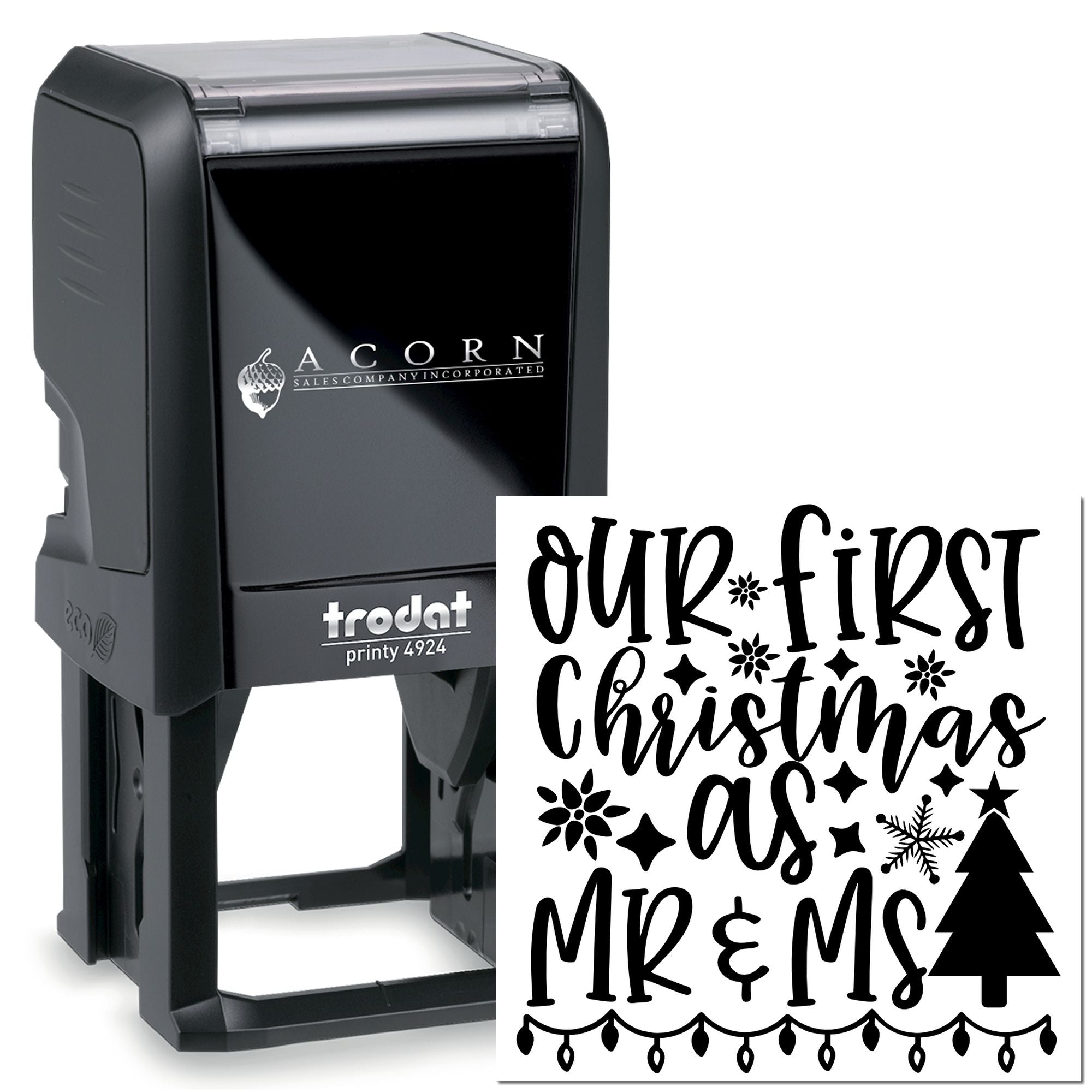 Custom Trodat self-inking rubber stamp for weddings, reading "Our First Christmas as Mr & Mrs."