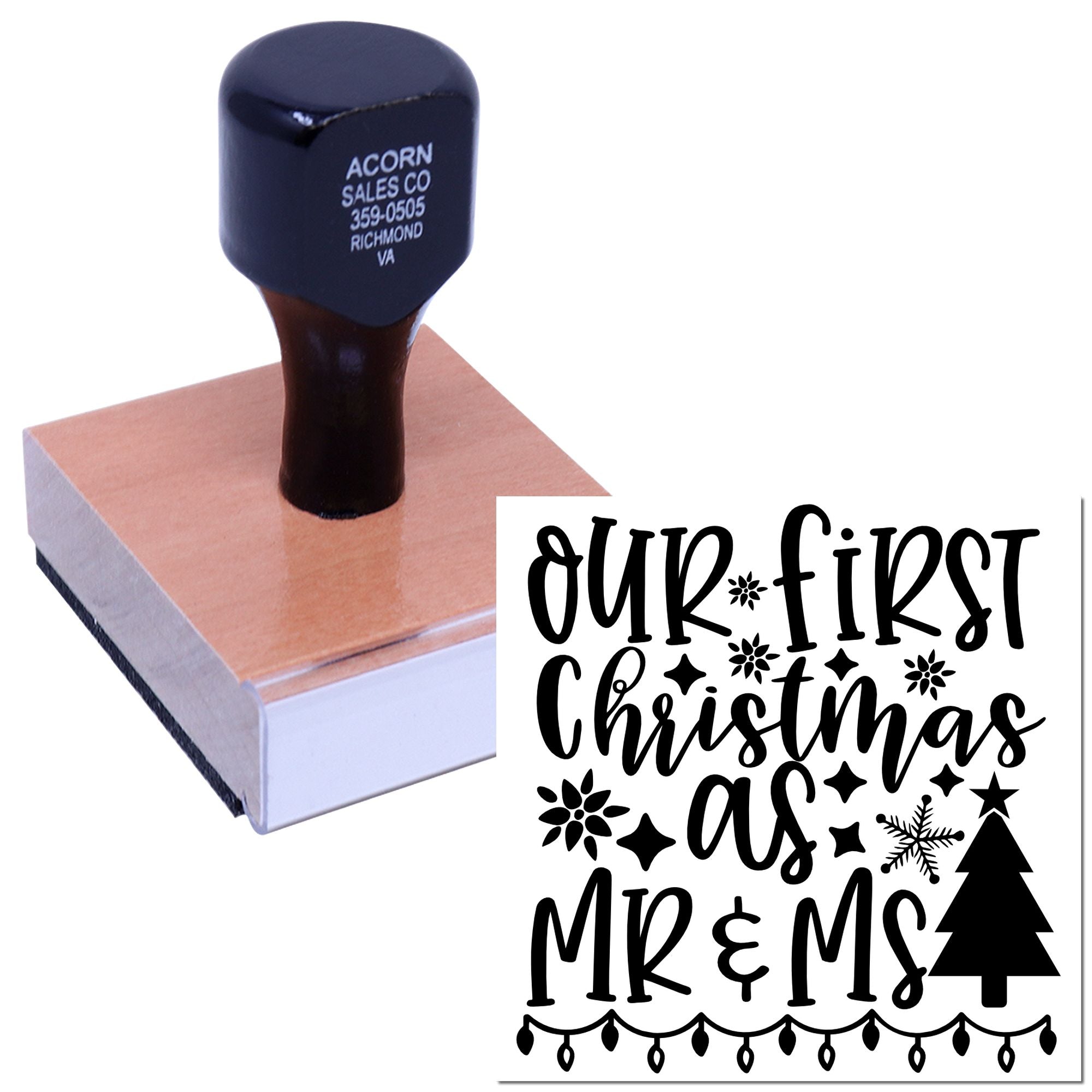 Custom rubber stamp for Our First Christmas as Mr & Mrs with festive holiday design for wedding keepsakes and Christmas crafts.