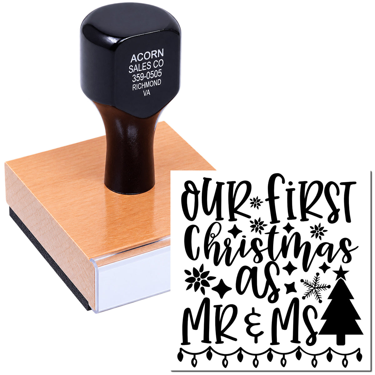 Custom rubber stamp for Our First Christmas as Mr & Mrs with festive holiday design for wedding keepsakes and Christmas crafts.