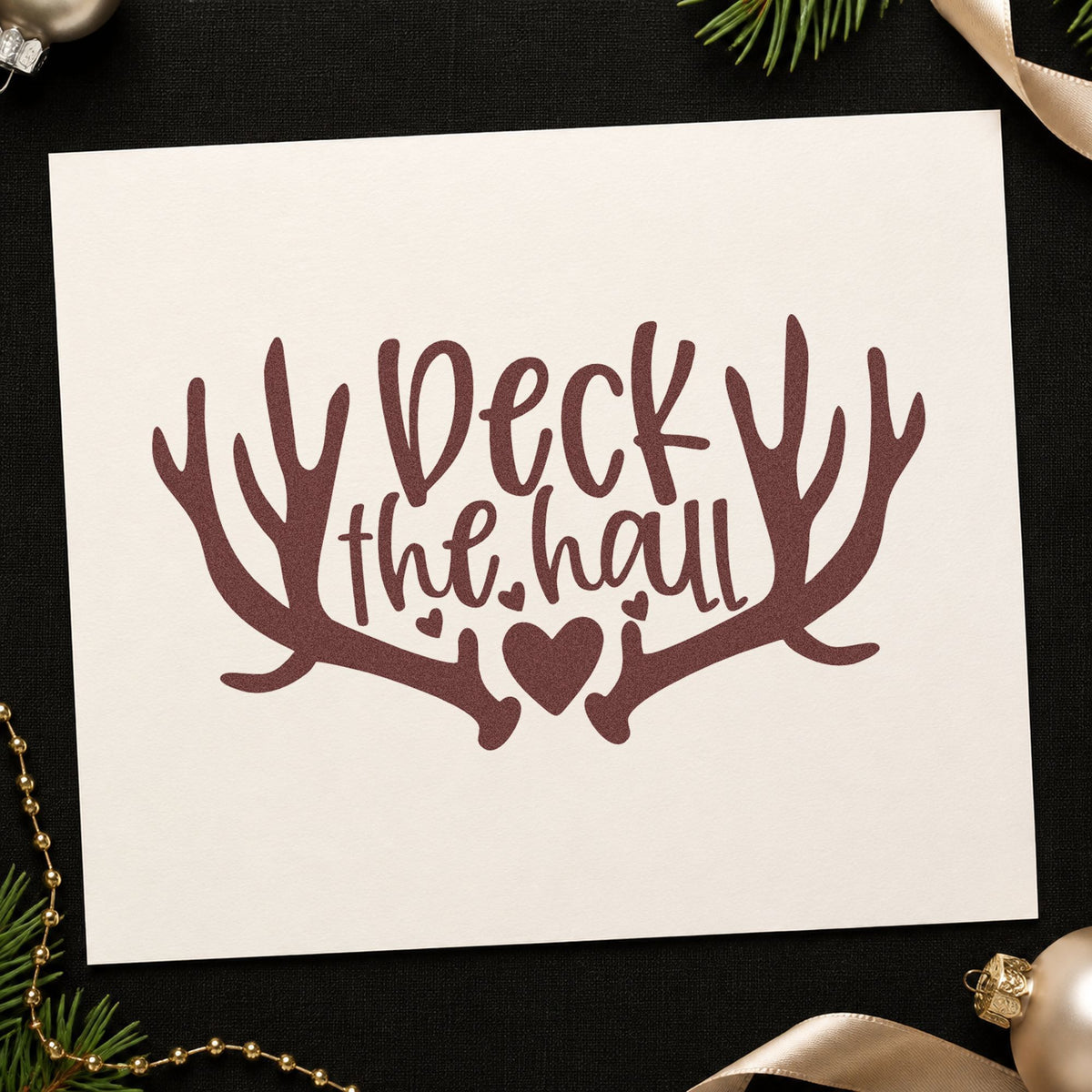 Deck The Hall Antlers rubber stamp printed in brown ink, ready for decor order sheet and similar paper crafts.