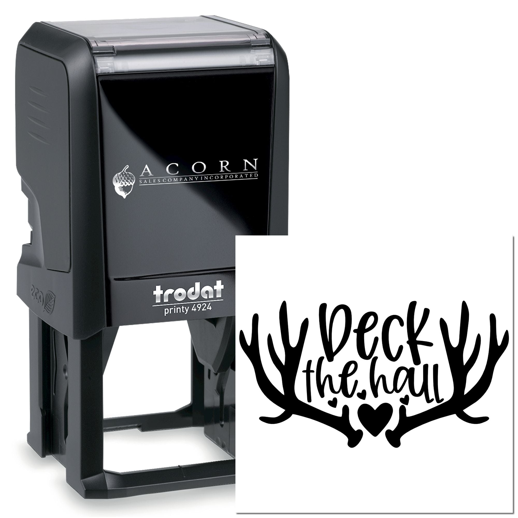 Custom Christmas rubber stamp - Trodat Printy 4924 self-inking stamp with festive Deck the hall antler design.