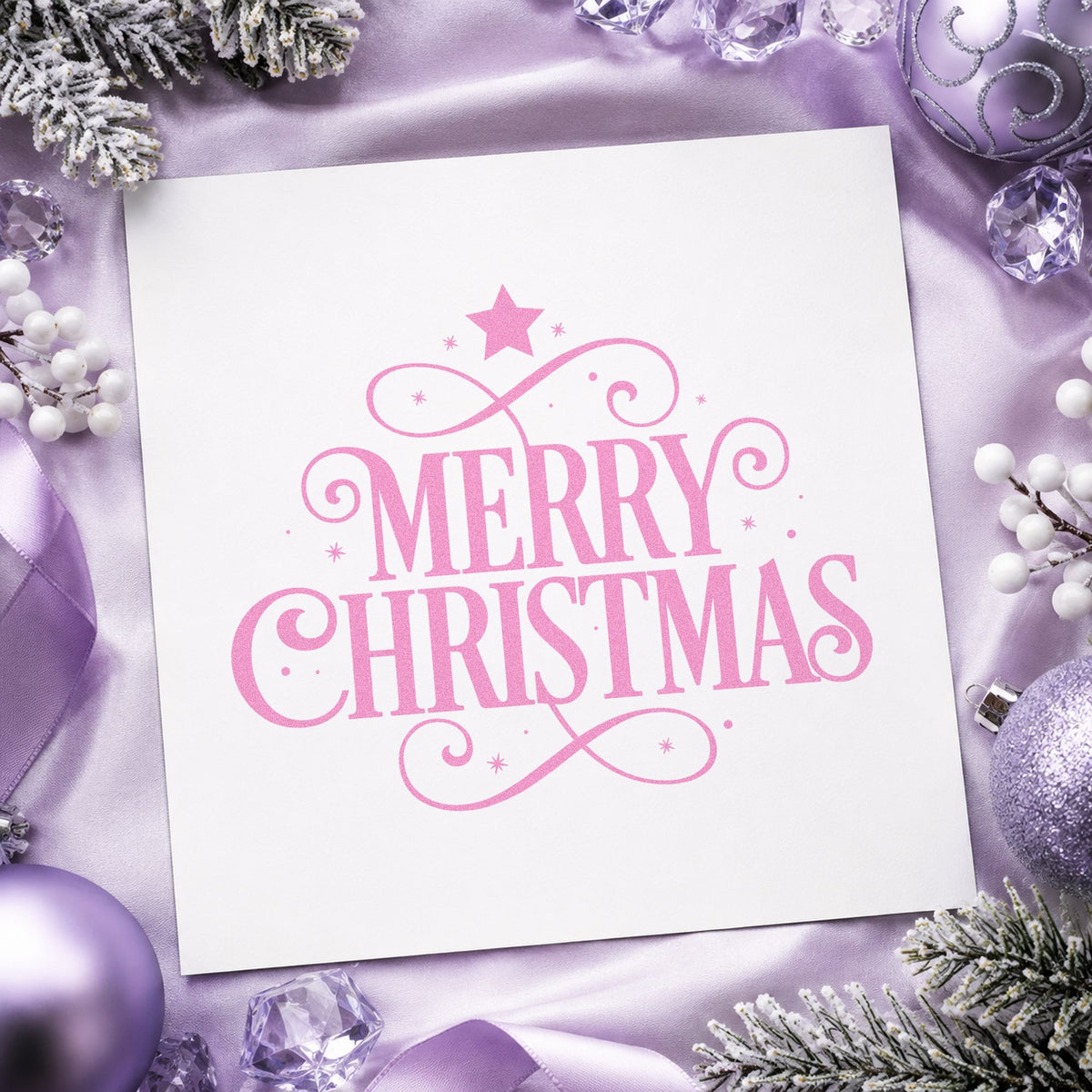 Merry Christmas Ornamental Flourishes craft stamp in purple ink on cardstock, an easy option for invitation album page.