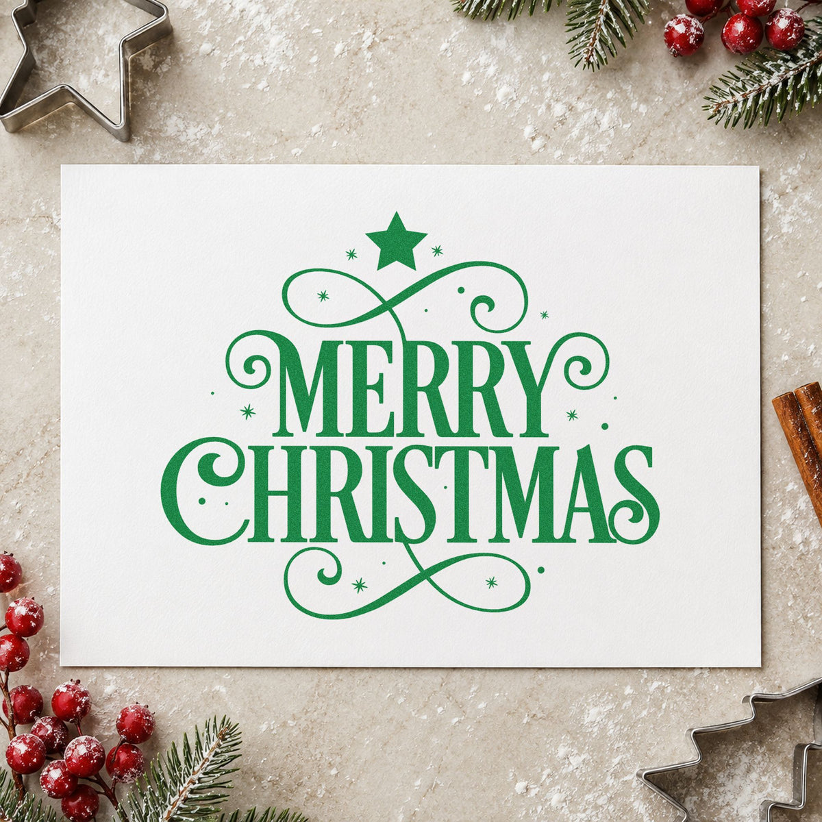 Merry Christmas Ornamental Flourishes craft stamp imprint in green ink on a handmade project, one idea being formal gift tags.