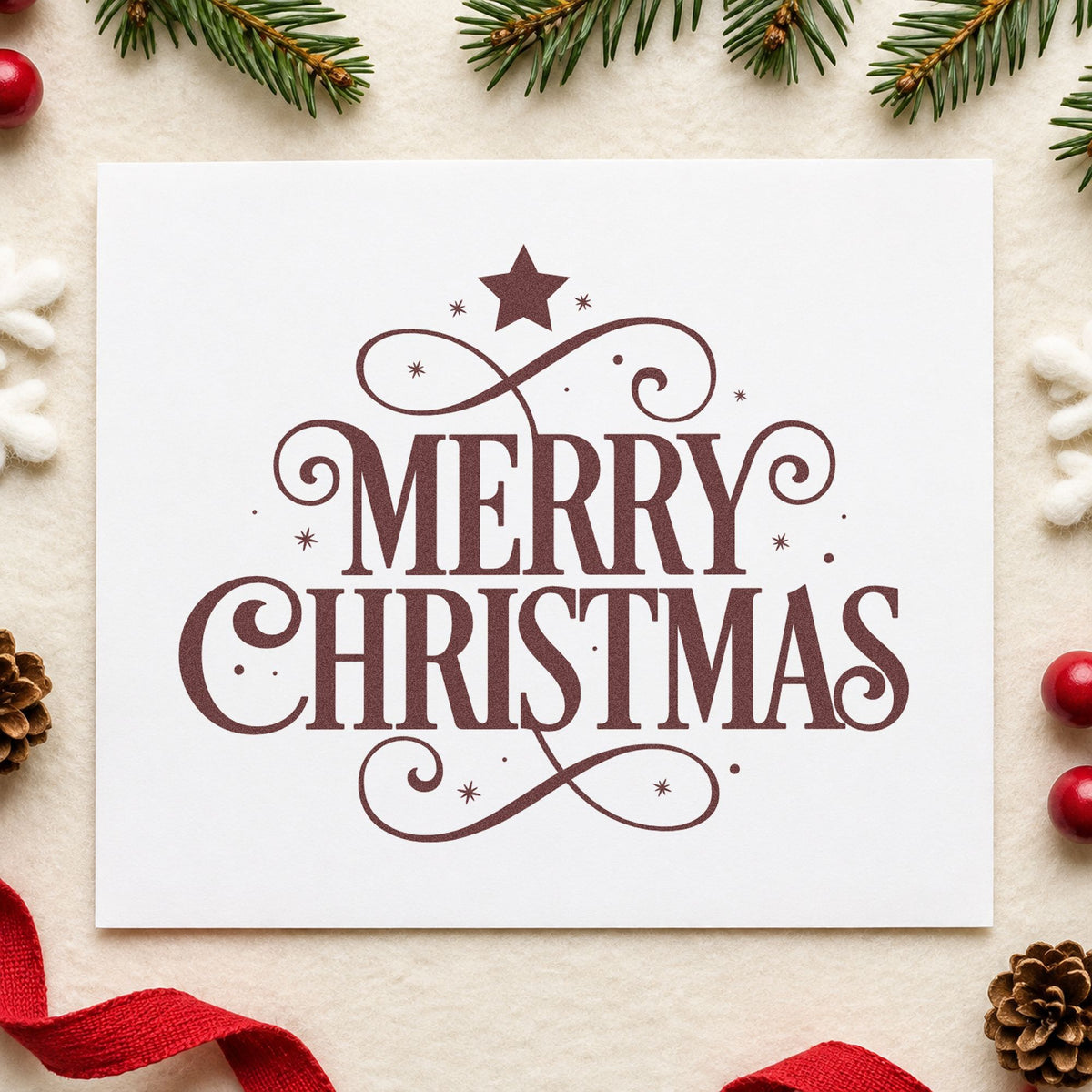 Merry Christmas Ornamental Flourishes rubber stamp printed in brown ink, ready for program cover header and similar paper crafts.
