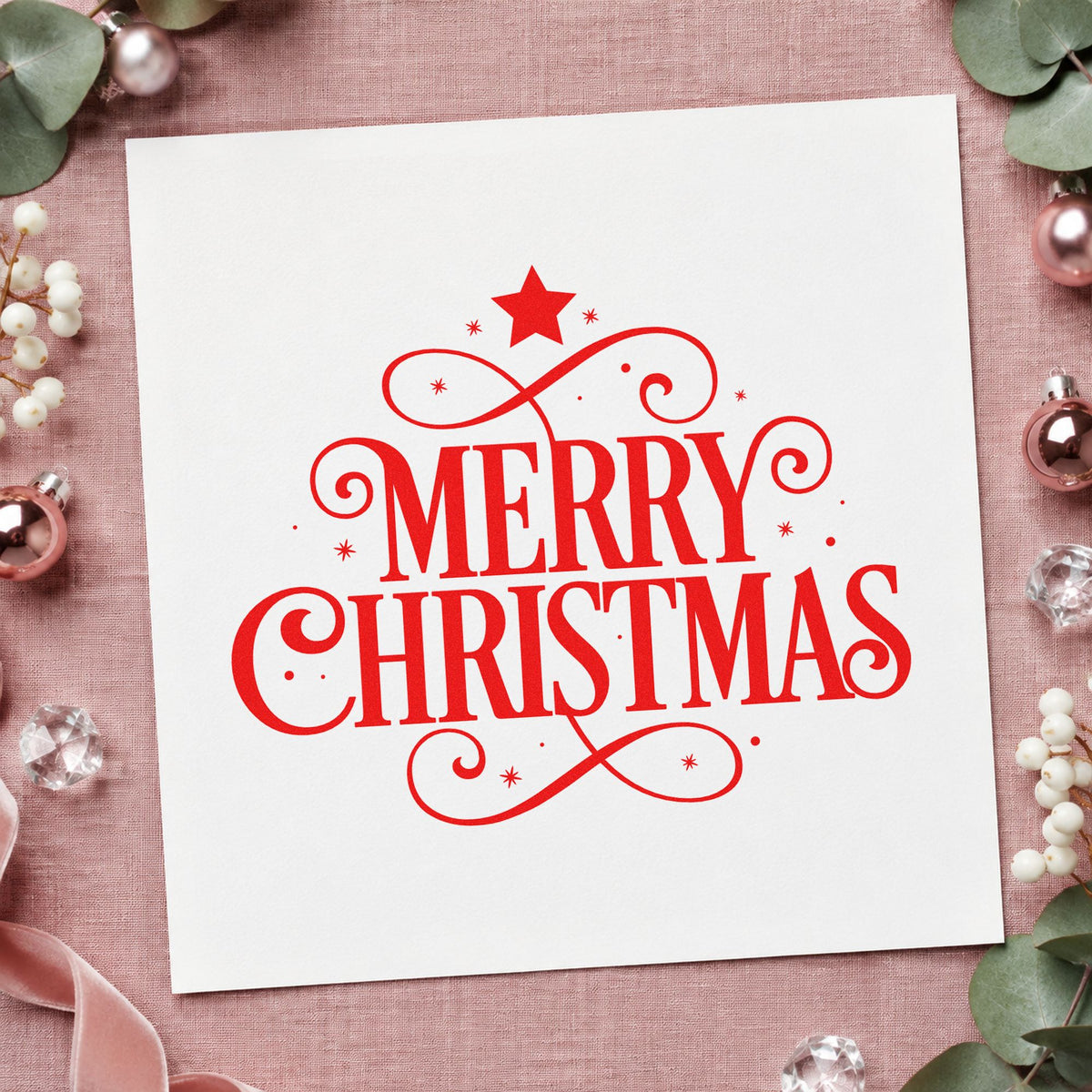 Merry Christmas Ornamental Flourishes craft stamp in red ink on cardstock, an easy option for sash length printing.