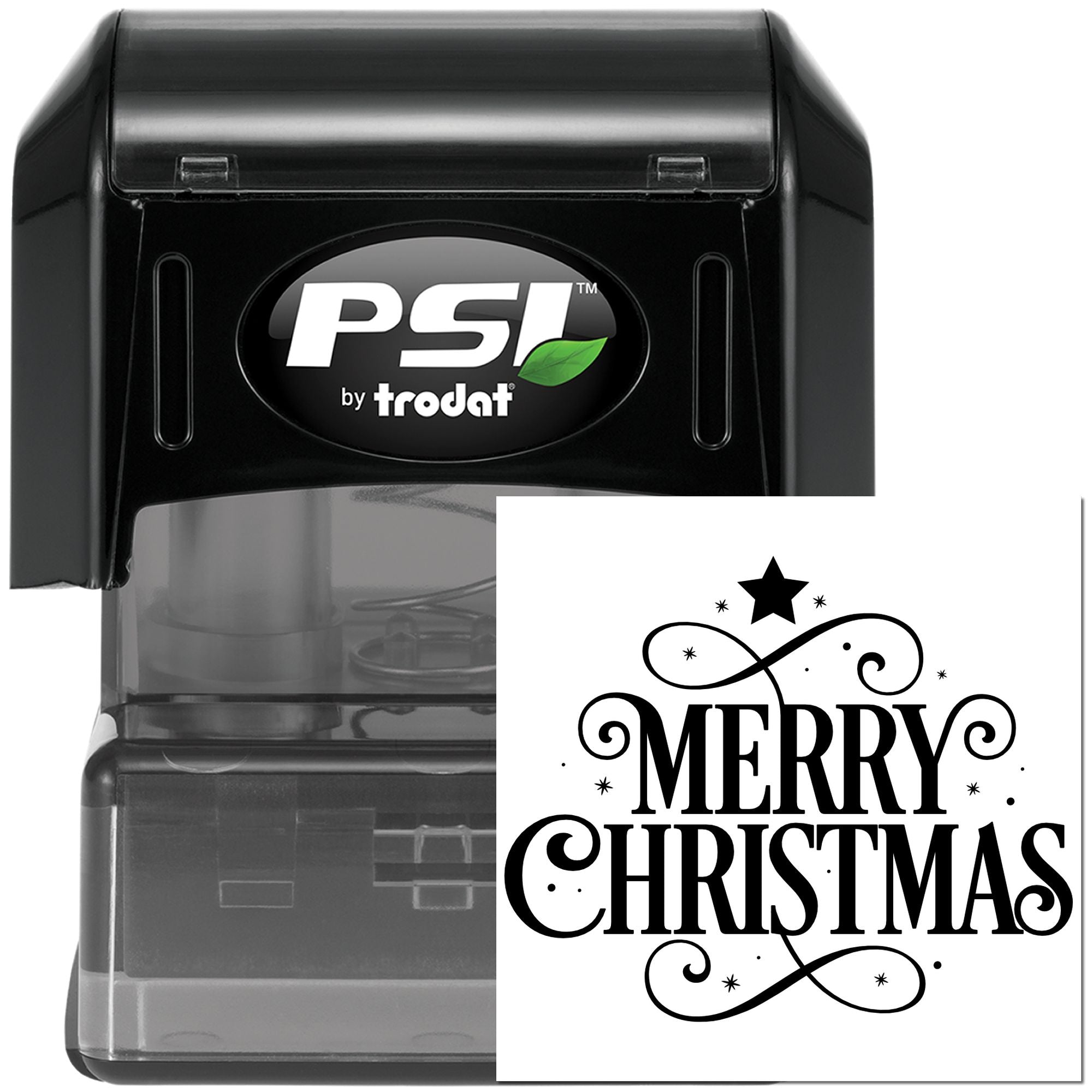 Self-inking PSI by Trodat rubber stamp with Merry Christmas design for holiday cards and festive custom stamping.