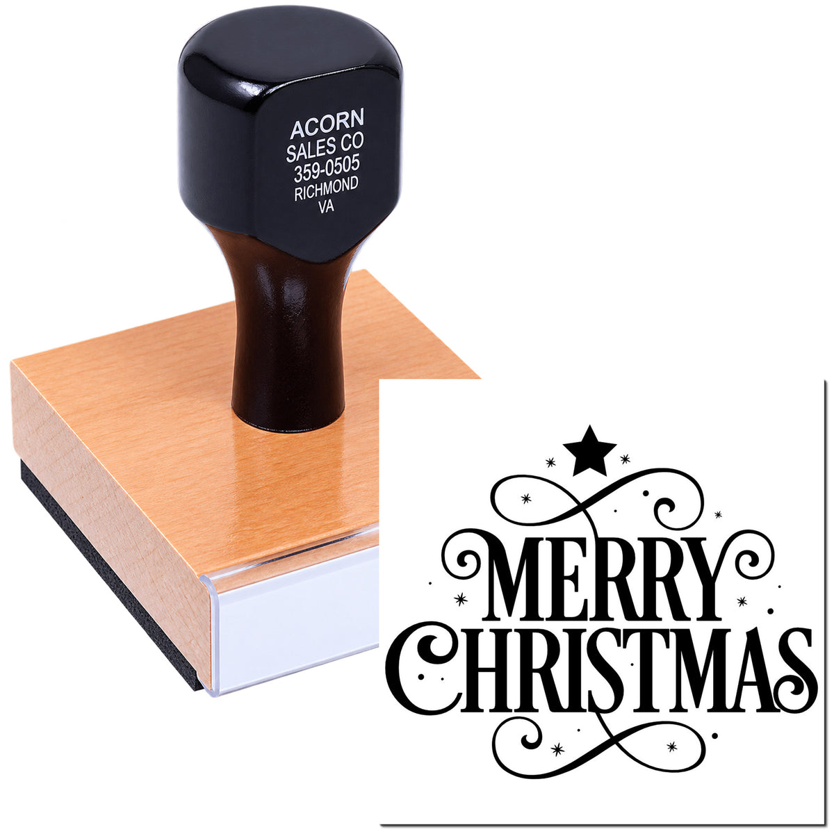Wood-mounted Merry Christmas rubber stamp for holiday cards, gift wrap, and festive branding.