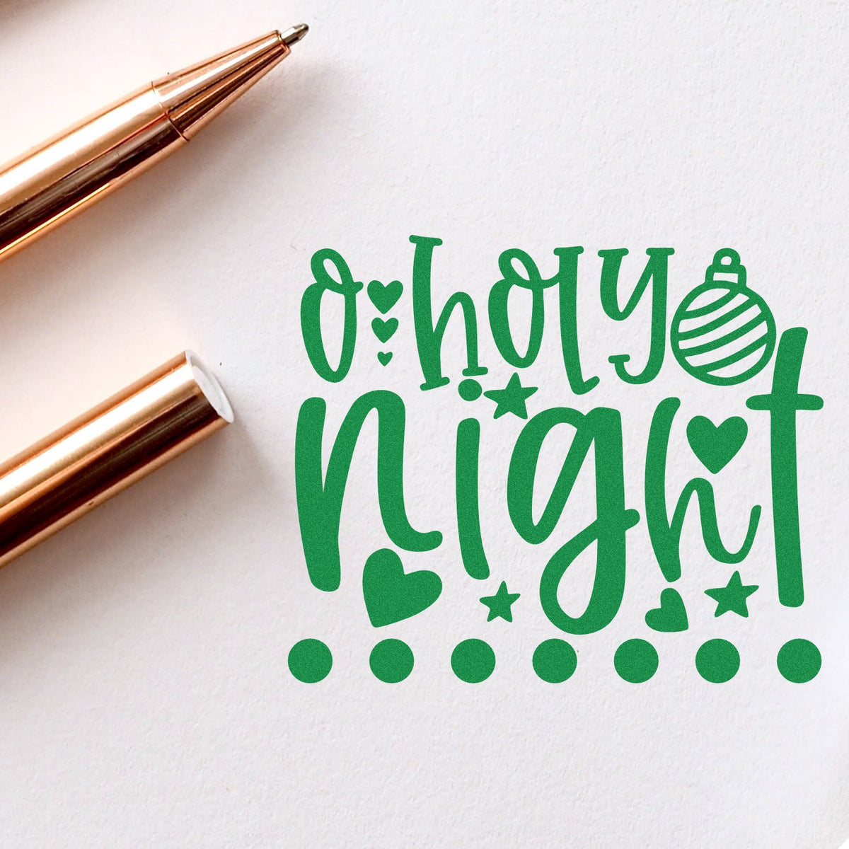 O Holy Night Hearts rubber stamp shown in green ink, stamped for projects such as ornament album page.
