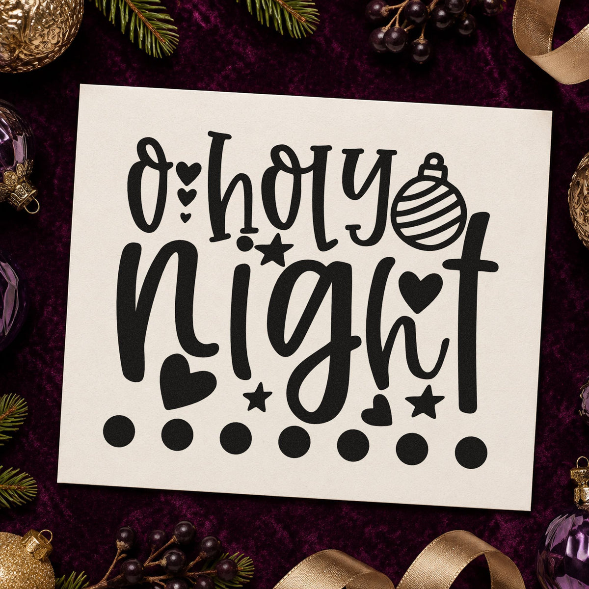 O Holy Night Hearts rubber stamp printed in black ink, ready for ornament accent cards and similar paper crafts.