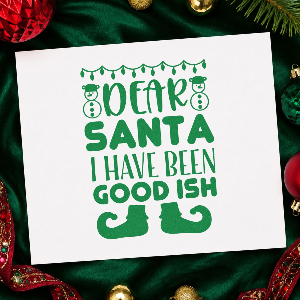 Dear Santa Good Ish craft stamp imprint in green ink on a handmade project, one idea being stocking stuffer tags.