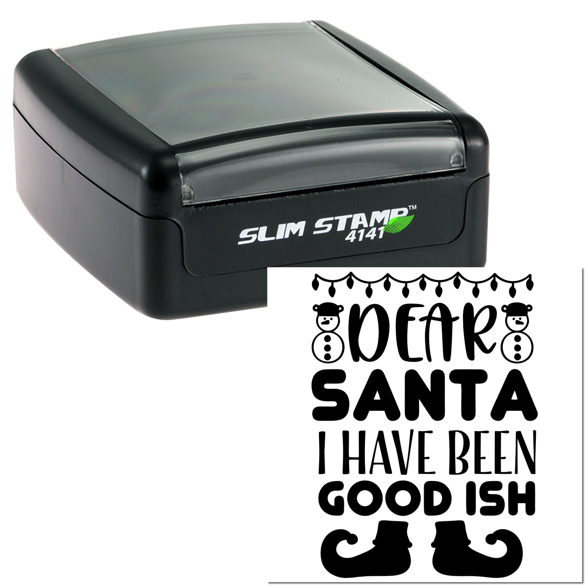 Self-inking Christmas rubber stamp with Dear Santa I Have Been Good Ish design for holiday cards and crafts.