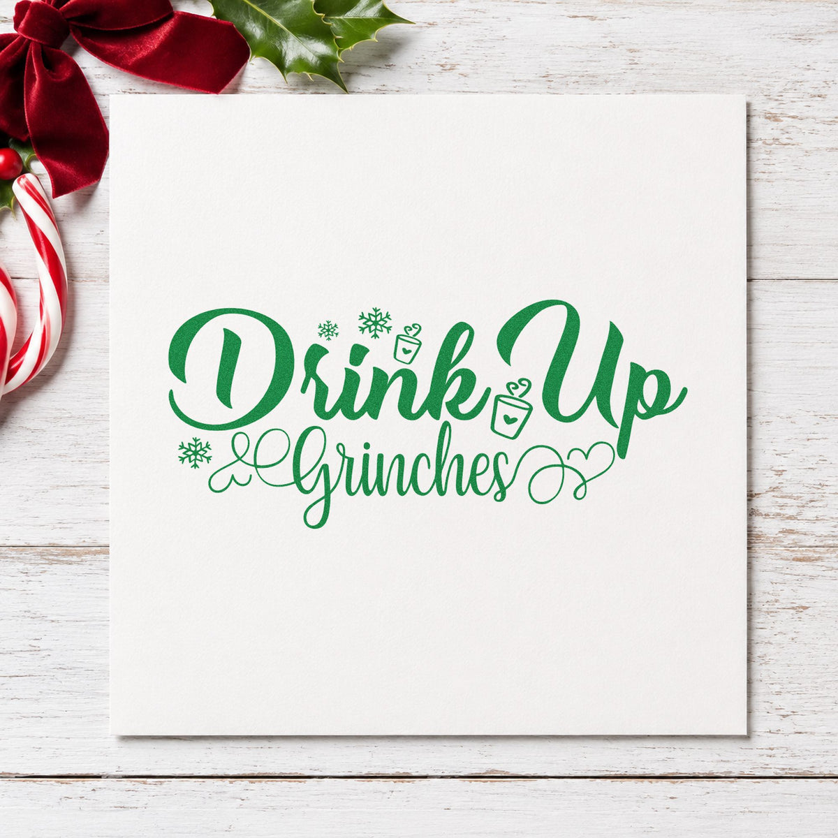 Drink Up Grinches Snowflakes Rubber Stamp – Duo Hand in use 8