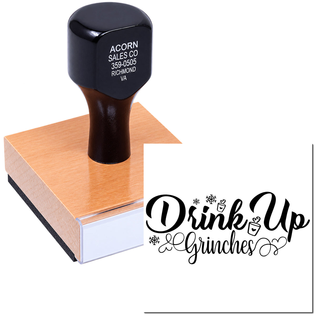 Wood-mounted custom holiday rubber stamp with Drink Up Grinches design for festive cards, crafts, and packaging.