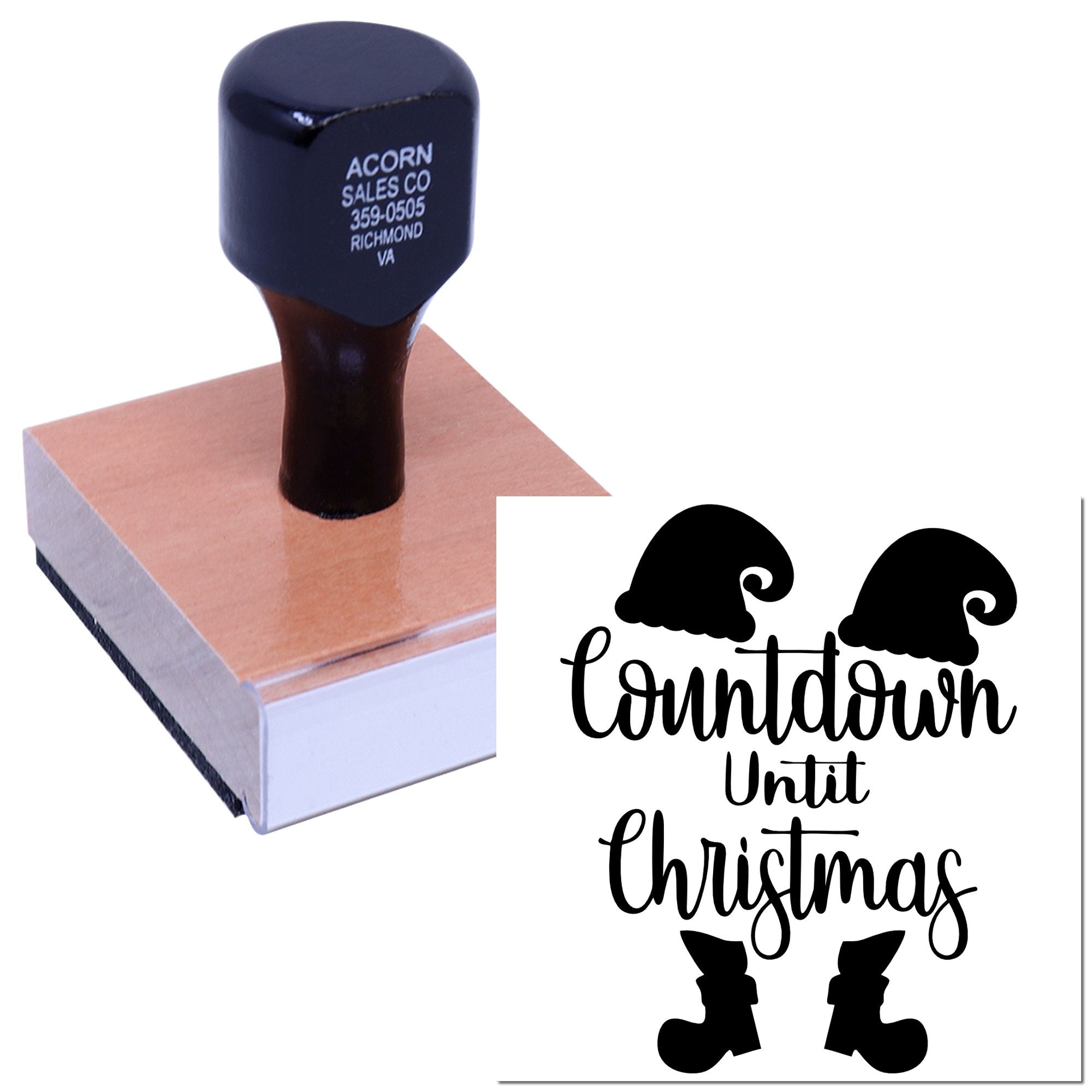 Custom Christmas rubber stamp with countdown design, Santa hats and boots, shown on a wood handle stamp block.