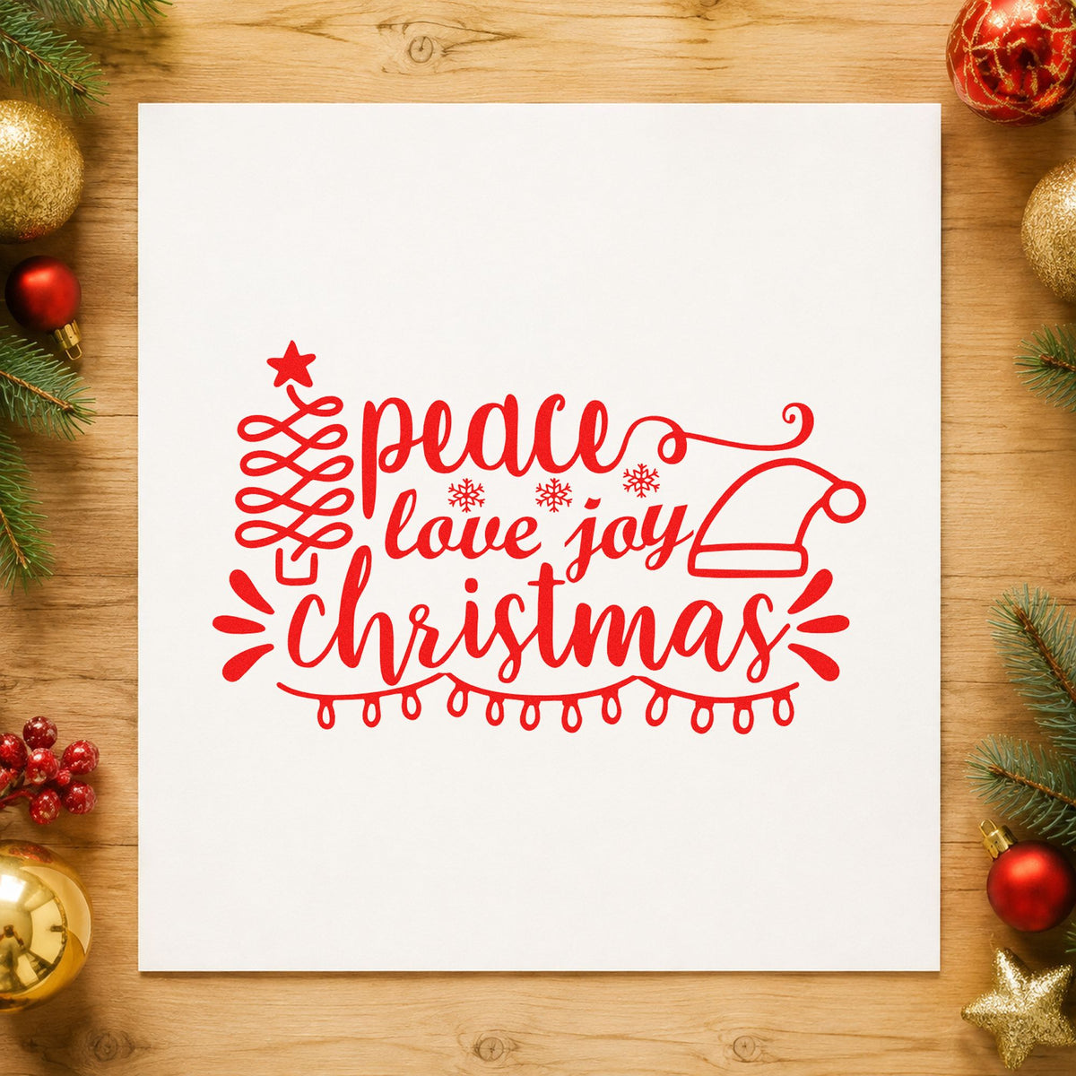 Peace Love Joy Christmas rubber stamp shown in red ink, stamped for projects such as craft caddy labels.