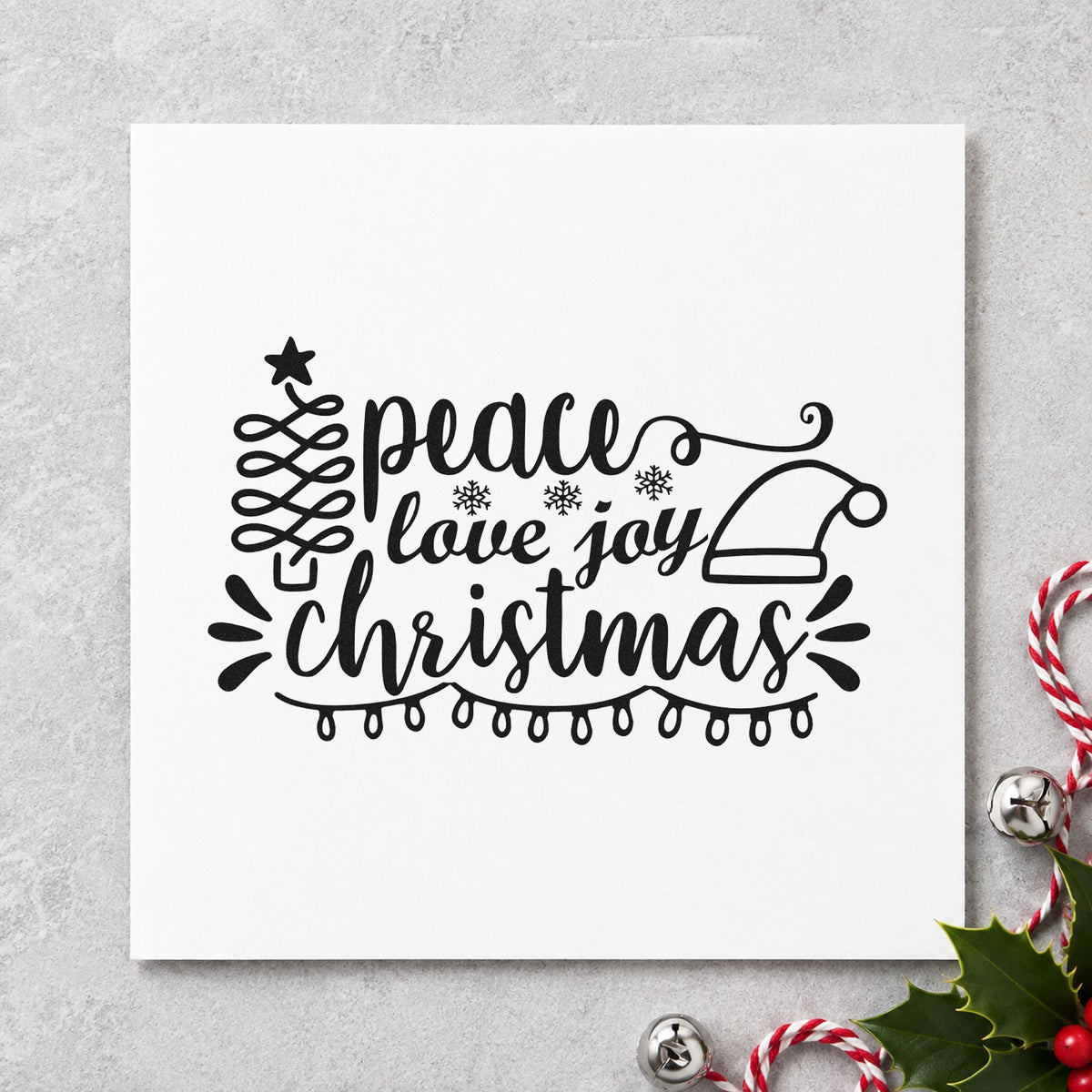 Peace Love Joy Christmas rubber stamp printed in black ink, ready for spiral tree cards and similar paper crafts.