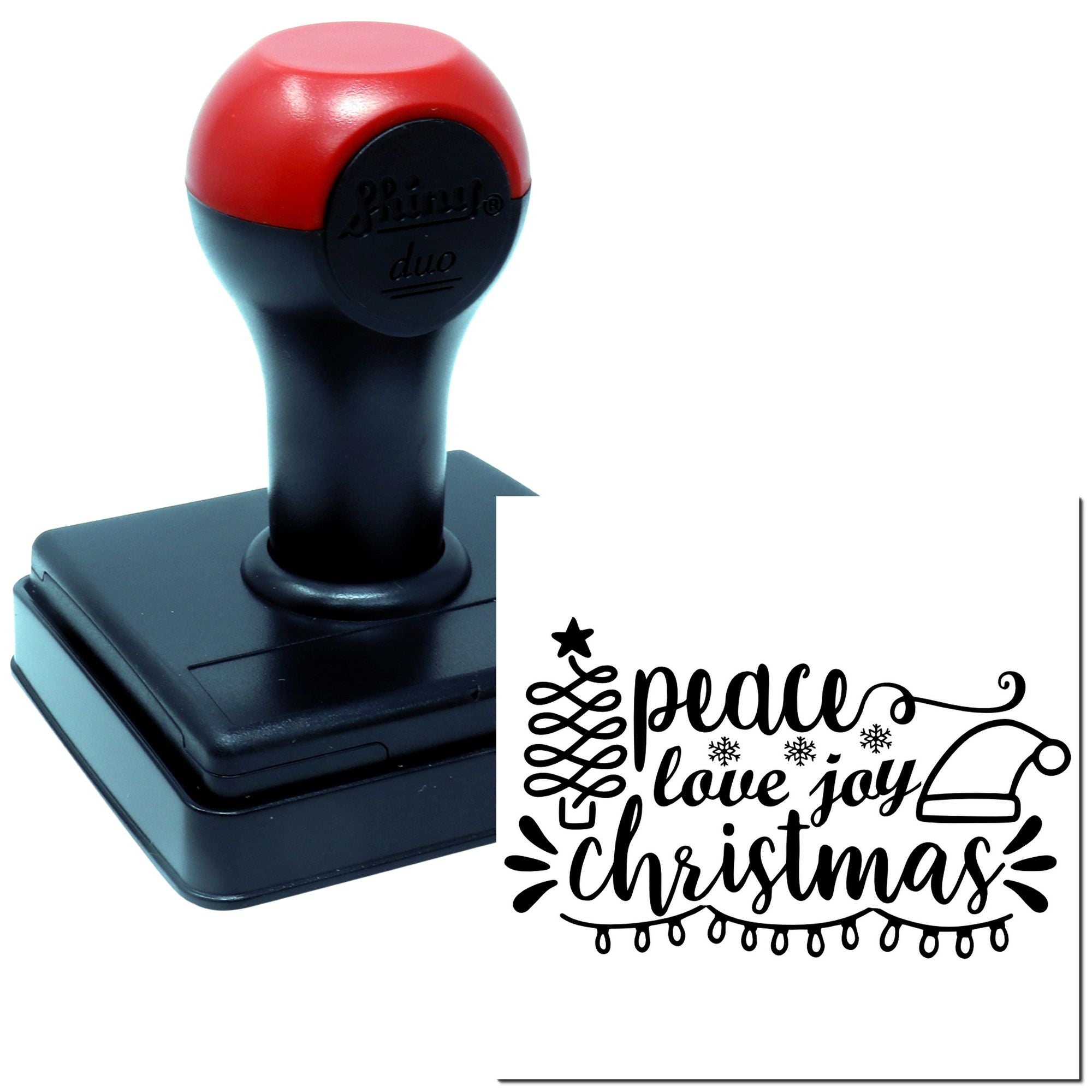 Self-inking Christmas rubber stamp featuring a peace, love, joy design for holiday cards, crafts, and packaging.