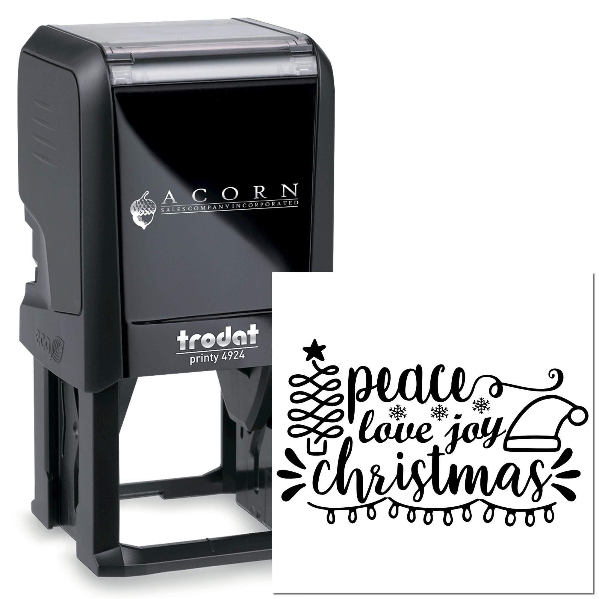 Trodat Printy 4924 self-inking rubber stamp with custom Peace Love Joy Christmas holiday design for festive card making.
