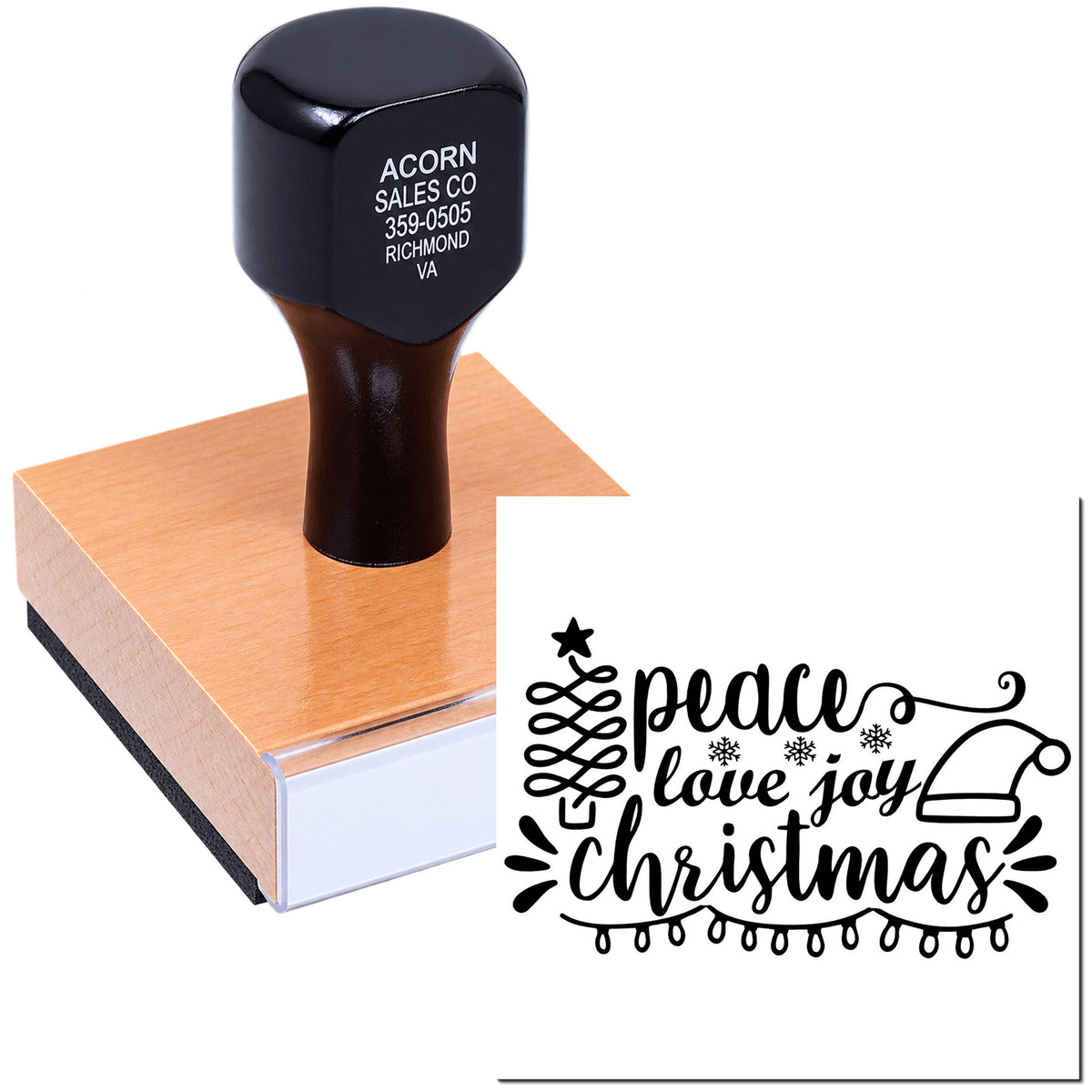 Wood-mounted custom rubber stamp with a Peace Love Joy Christmas design for holiday cards, crafts, and gift tags.
